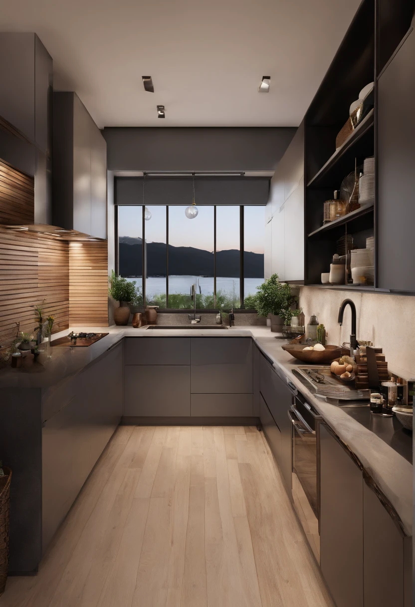 modern kitchen,Gorgeous renovation,refrigerator,cupboard,Wide scene,in a panoramic view,From the outside, hyper HD, High details