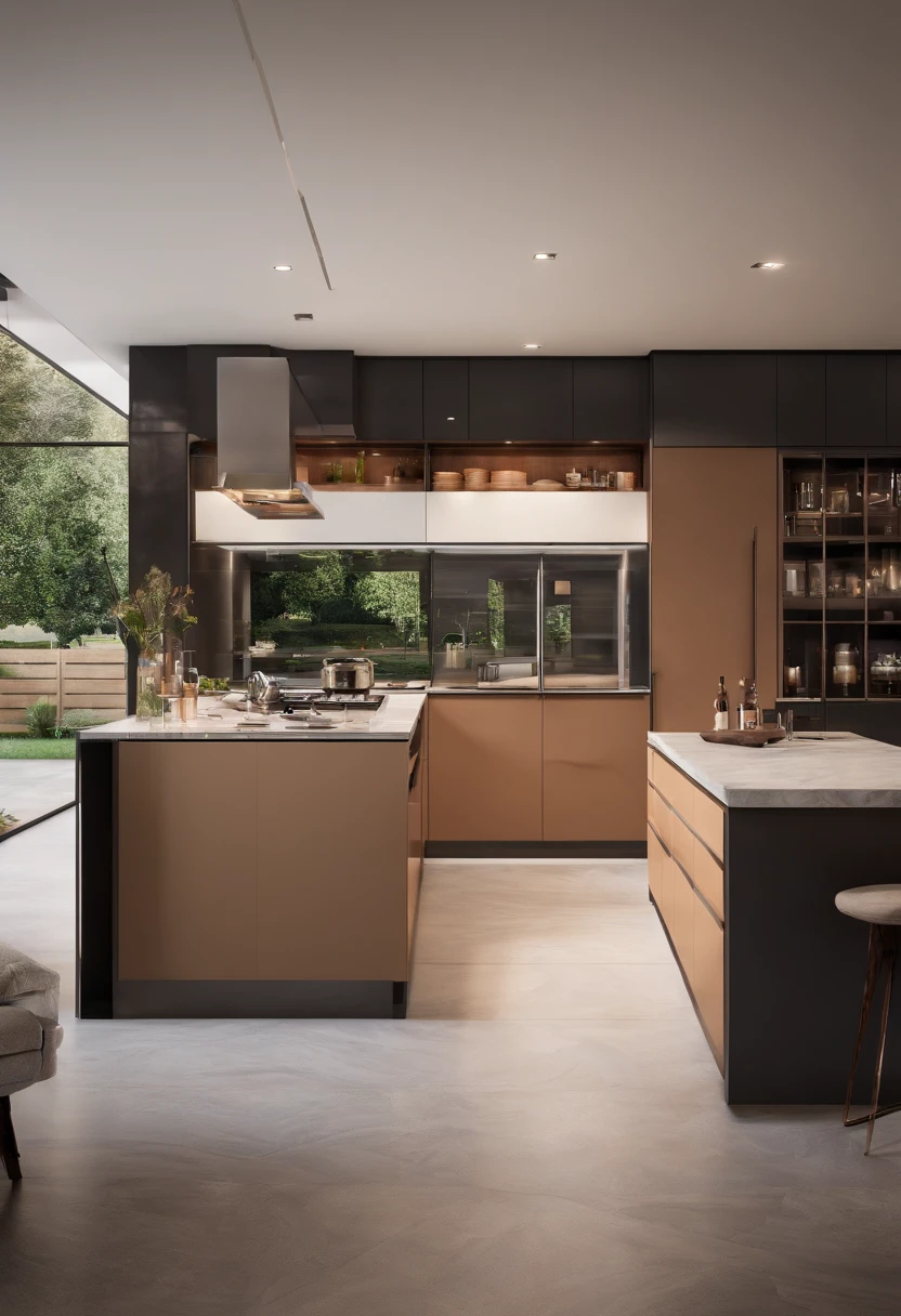 modern kitchen，Gorgeous renovation，refrigerator，cupboard，Wide scene，in a panoramic view，From the outside, hyper HD, High details