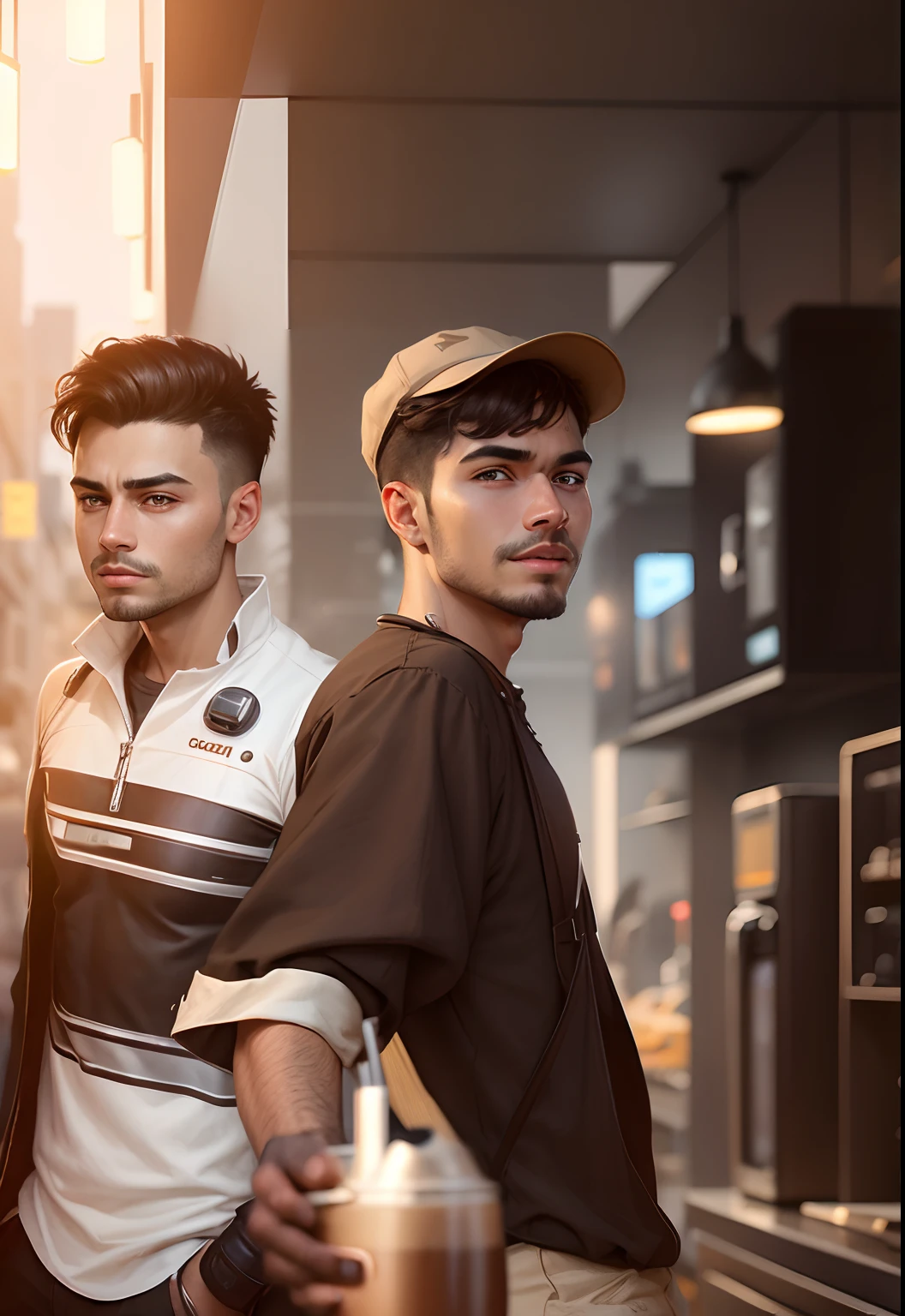Boy with coffee futuristic background realisti c realistic face