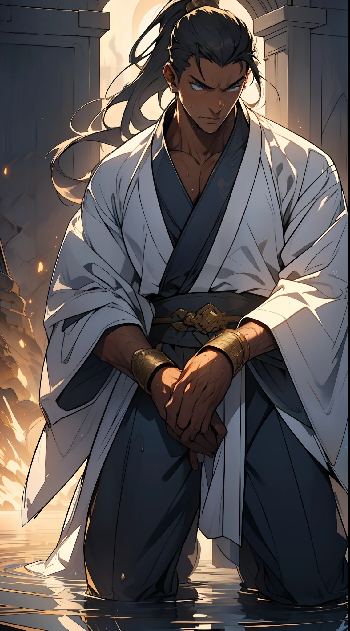 quadratic element,style of anime,mtu(Male Warrior),The proportions are correct,Face details,swordsmen,High ponytail hairstyle,Neck details,There is an Adam's apple,White robe,kaftan,long white robe,clothes details,Handing over,longer sleeves,Game quality,Swordsmanship,Light and shadow tracking,Ray traching,detailed glow,cg render,hair detail,cabelos preto e longos,blue colored eyes,Handsome,Handsome,(juvenile sense),Clothing is complicated,Perfectcomposition,Refinement,high qulity,higher details,Lots of details,The background is complex,a sense of atmosphere, 1 man,is shy,Pee on the legs,pissing,Urine runs down the thighs,embarressed,exhilarated,is shocked,panicking,worry,A small puddle of their own urine forms around the feet,full bodyesbian,kneels on the ground,Very eager to pee,It's uncomfortable,Wet yourself,Urine discharge, Sweaty crotch,Drenched,
