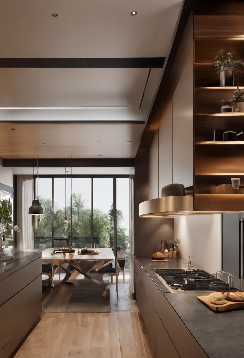 modern kitchen,Gorgeous renovation,refrigerator,cupboard,Wide scene,in a panoramic view,From the outside, hyper HD, High details