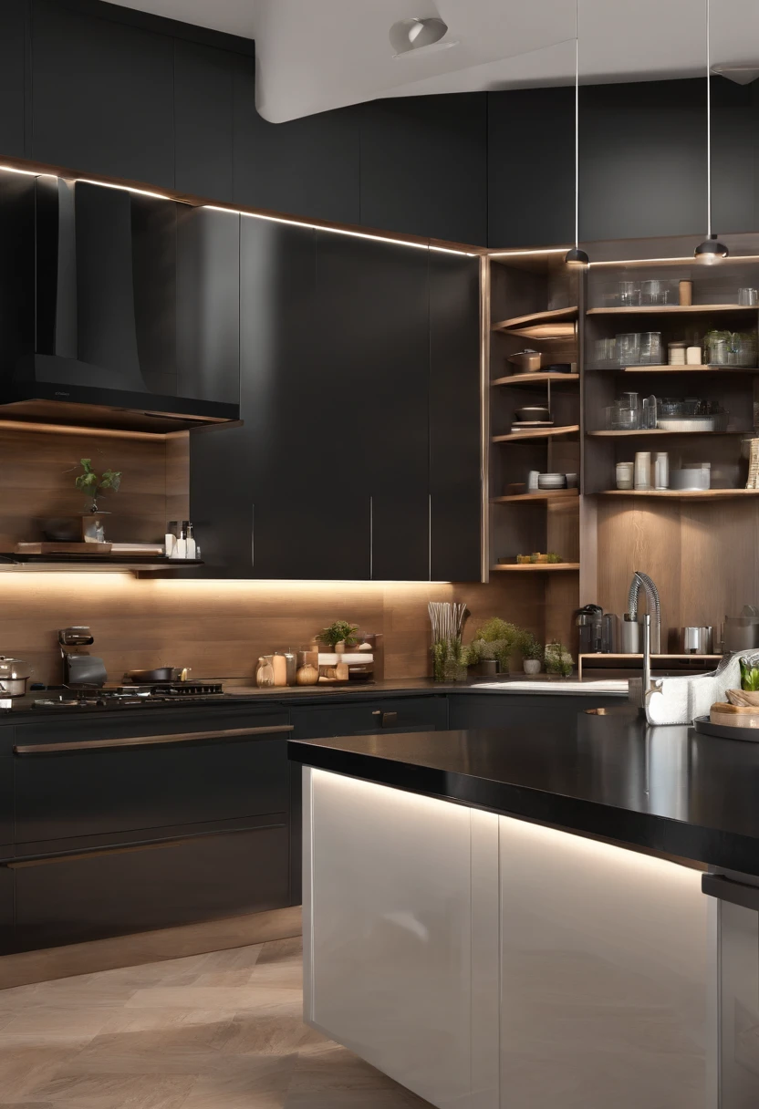 modern kitchen,Gorgeous renovation,refrigerator,cupboard,Wide scene,in a panoramic view,From the outside, hyper HD, High details