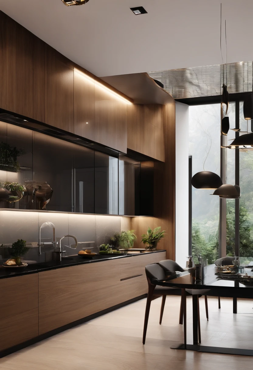 Zaha,modern kitchen,Gorgeous renovation,refrigerator,cupboard,Wide scene,in a panoramic view,From the outside, hyper HD, High details