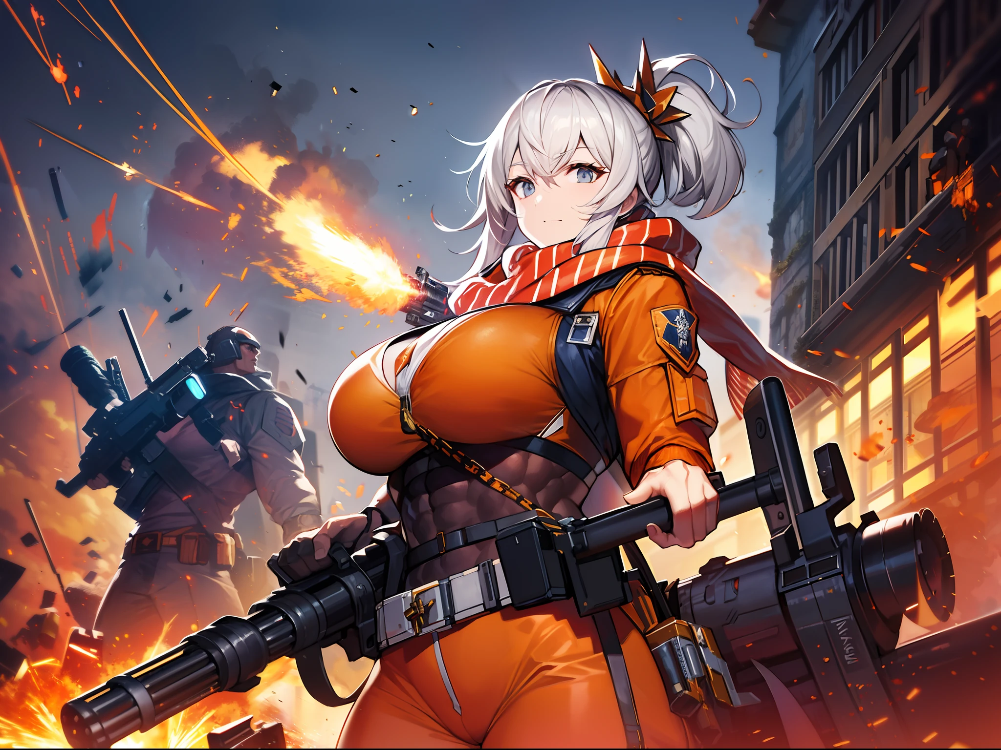 masterpiece++、top-quality++、ultra-definition++、ultra-definition++、4k++、8k++、from side、(Background Focus)++、((1))++、Sexily dressed woman casts a spell of muscular big breasts soldier wearing orange jacket and grey scarf with ammo belt and Gatling gun on a battlefield with explosions and sparks that destroy a city、Rune of a muscular colossal breasts soldier wearing an orange jacket and gray scarf with an ammunition belt and Gatling gun on a battlefield with explosions and sparks、The magic of a muscular colossal breasts soldier wearing an orange jacket and gray scarf with an ammunition belt and Gatling gun on a battlefield with explosions and sparks、Muscular Colossal Soldier Wearing Orange Jacket and Grey Muffler Holding Ammunition Belt and Gatling Gun on Battlefield with Explosions and Sparks Flying Over、Muscular colossal breasts military sorcerer wearing orange jacket and gray scarf with ammunition belt and Gatling gun on battlefield with explosions and sparks、Muscular colossal breasts military goddess wearing orange jacket and gray scarf with ammunition belt and Gatling gun on battlefield with explosions and sparks、detailed fantasy art、fantasy art style、Muscular Colossal Soldier Witch Wearing Orange Jacket and Grey Muffler With Ammunition Belt and Gatling Gun on Battlefield with Beautiful Ancient Explosions and Sparks、Colossal queen of muscular big breasts soldier wearing orange jacket and gray scarf with ammunition belt and Gatling gun on battlefield with explosions and sparks、Fantasy Art Behans、Muscular colossal breasts military magician wearing orange jacket and gray scarf with ammunition belt and Gatling gun on battlefield with beautiful explosions and sparks、Muscular colossal breasts military magician wearing orange jacket and gray scarf with ammunition belt and Gatling gun on battlefield with beautiful explosions and sparks、Shards of muscular big breasts soldier wearing orange jacket and gray scarf with ammunition belt and Gatling gun on battlefield with shin