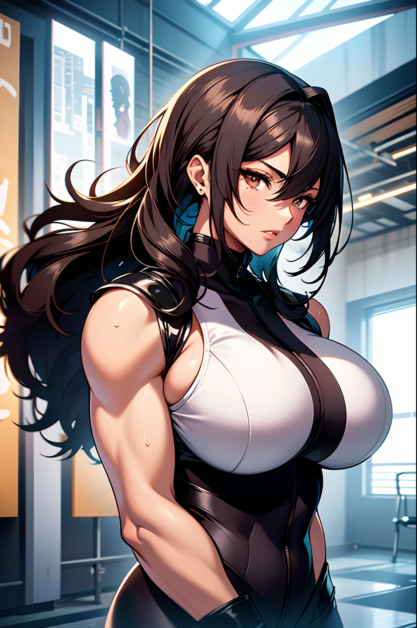 (Best quality,8K,ultra high res:1.5),(Pretty long tied ponytail hair anime girl),(Huge breasts:1.20),(very voluptuous body),(very voluptuous thigh),(body builder girl:1.5),(wide muscle:1.8),(light smile),(eyes to camera),(light black hair),(grey bra),(grey short skirt),(standing view),(nipples)