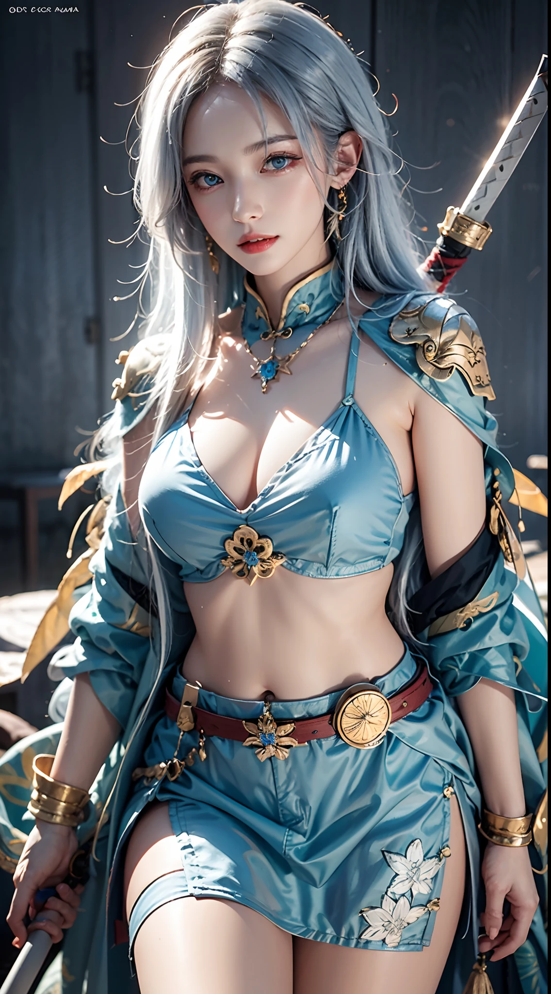 photorealistic, masterpiece, photorealistic, high resolution, soft light, hips up, blue eyes, white hair, long hair, Intricate details EABA, cloaks, spear, Samurai, Armor, Japanese Katana Sword, warrior