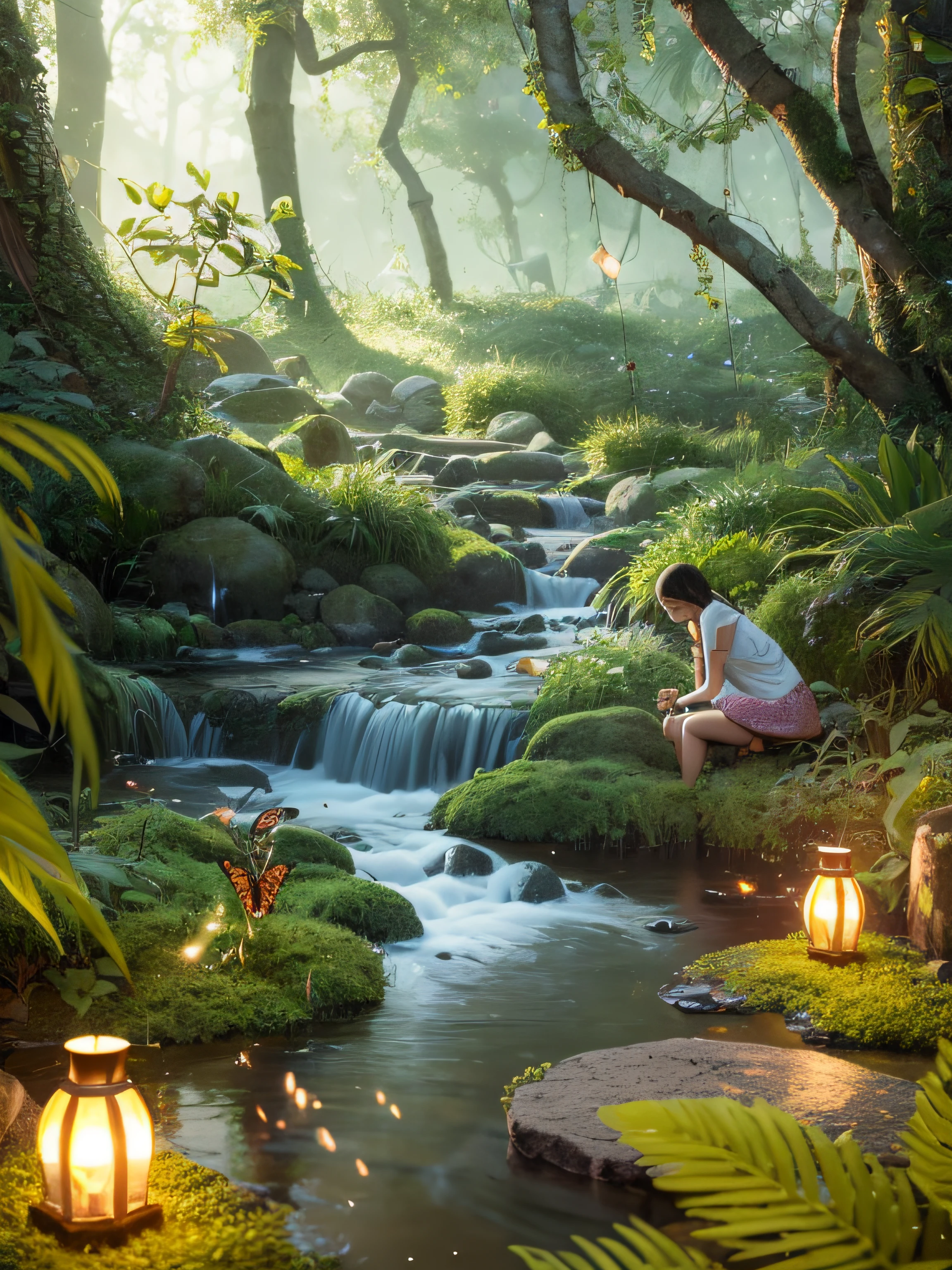 Masterpiece, best quality, extremely beautiful reflection, best reflection. (Very detailed CG unity 8k wallpaper), (best quality), (best illustration), (best shadow), girl, silk, slime, delicate makeup, forest theme with natural elements. Tall trees, quiet streams, glowing small mushrooms, surrounded by delicate leaves and branches, and fireflies and glowing particle effects, (natural elements), (jungle theme), (leaves), (branches), (fireflies), butterflies, (delicate leaves), (glow), (particle effects). , isometric 3D, Octane rendering, ray tracing, super detailed