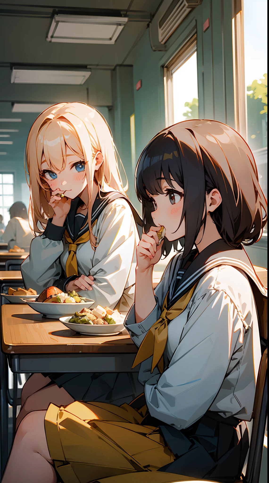 [Anime 1.5], [School girls 1.5], school girls sitting in table, eating, many girls, cute