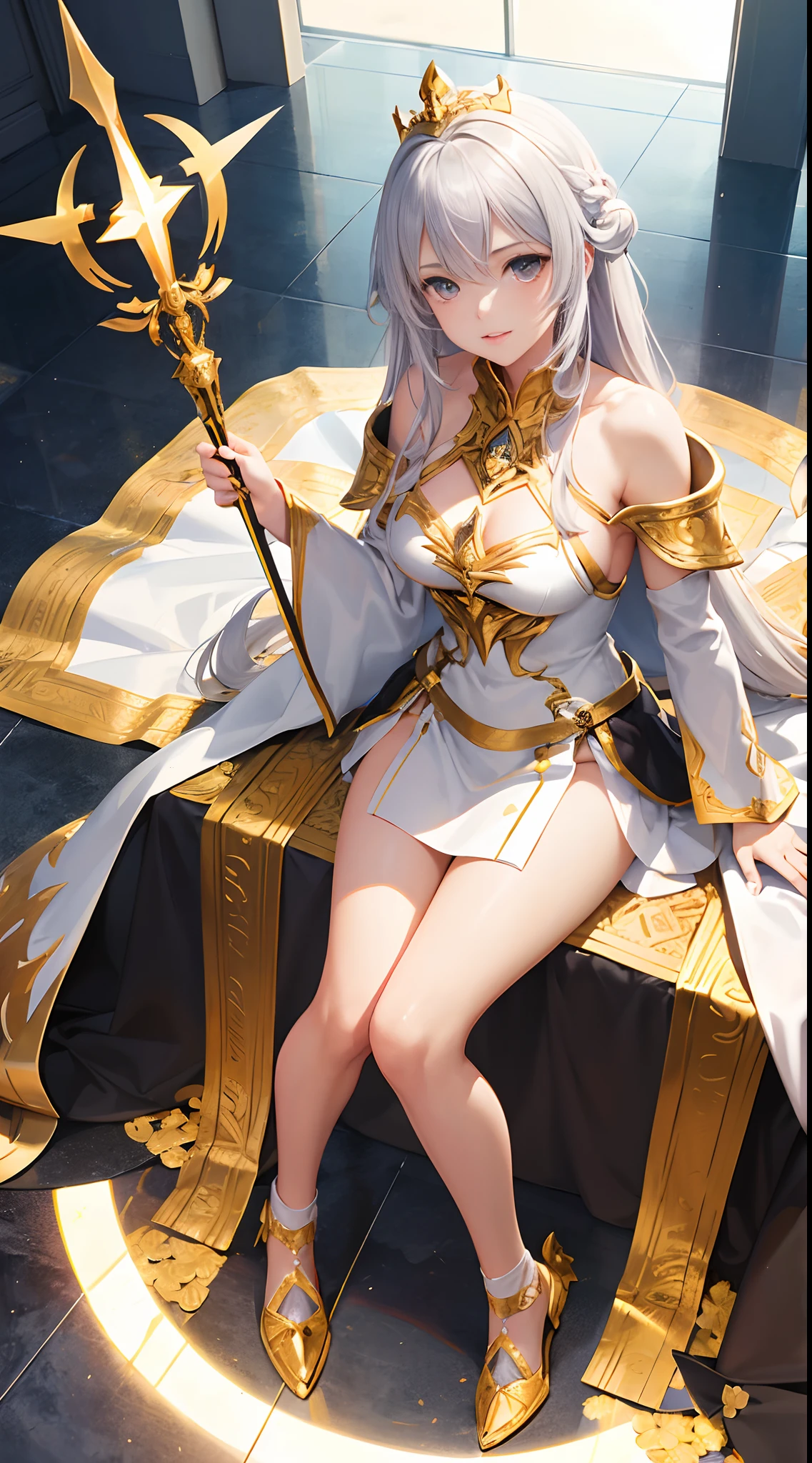 Full-body, silver-haired young girl, golden eyes, angelic body, and white armor with a mini skirt, wield a spear, wear a cloak and golden crown, sitting on the throne of golden sun, white wings, heavenly sun, and dawn background scene, the magic circle with diamond star, brave smile, stable diffusion v5, anime style v3, lora style v5, dynamic, image enhance, dream shape, vibrant, realistic face, best quality, upscale, sharp focus masterpiece.