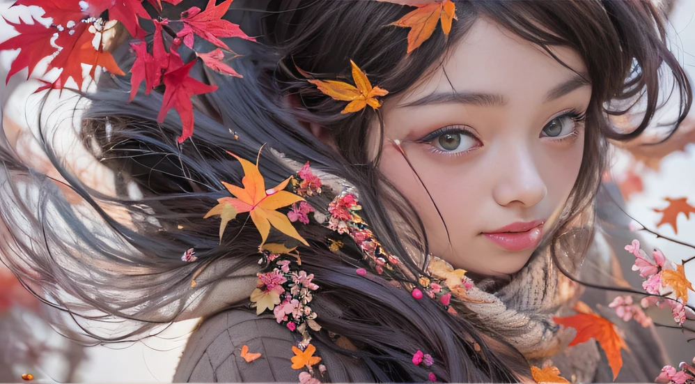 32K autumn view(tmasterpiece,k hd,hyper HD,32K)Long flowing black hair,ponds,zydink, a color, Autumn (Sensual girl), (Blue and white silk scarf), Combat posture, looking at the ground, long whitr hair, Floating hair, Carp pattern headdress, Chinese long-sleeved cheongsam, (Abstract gouache splash:1.2), Pink petal background,Pink and white autumn sunset leaves fly(realisticlying:1.4),Black color hair,Fallen leaves flutter,The background is pure, A high resolution, the detail, RAW photogr, Sharp Re, Nikon D850 Film Stock Photo by Jefferies Lee 4 Kodak Portra 400 Camera F1.6 shots, Rich colors, ultra-realistic vivid textures, Dramatic lighting, Unreal Engine Art Station Trend, cinestir 800,Long flowing black hair,Bright clothes