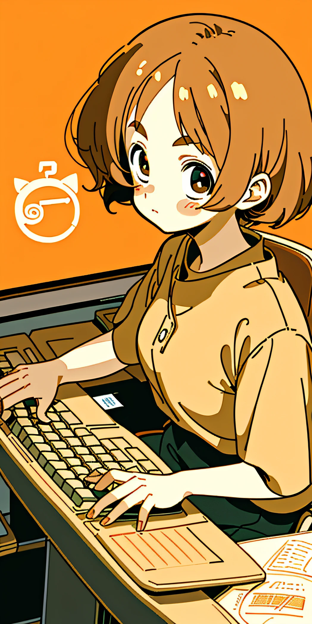 A cute woman in beige short sleeves sits in an office seat，a warm color palette，largeeyes，Rounded face，Two-dimensional style，style of anime、Q version characters，Computer，keyboards，illustration