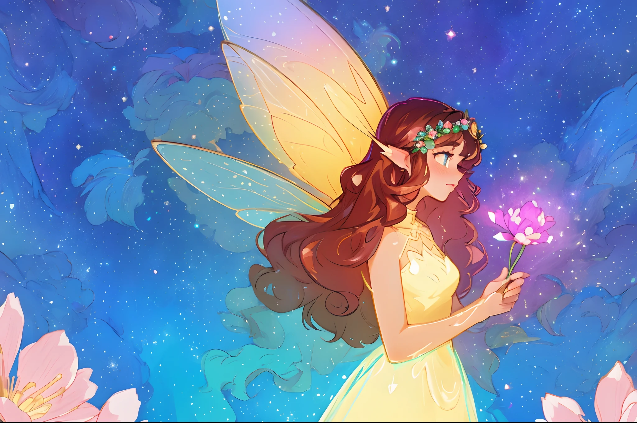 beautiful fairy girl holding glowing flowers, space flower fairy, beautiful fairy, beautiful digital illustration, anime disney art style, brunette fairy woman, fairy wings, (masterpiece, best quality), 8k resolution, sharp focus, highly detailed, intricate detail, fantasia background, flowing ballgown dress, curly brunette hair, flower crown, whimsical, beautiful, fairytale, golden ratio, beautiful face, sparkling eyes