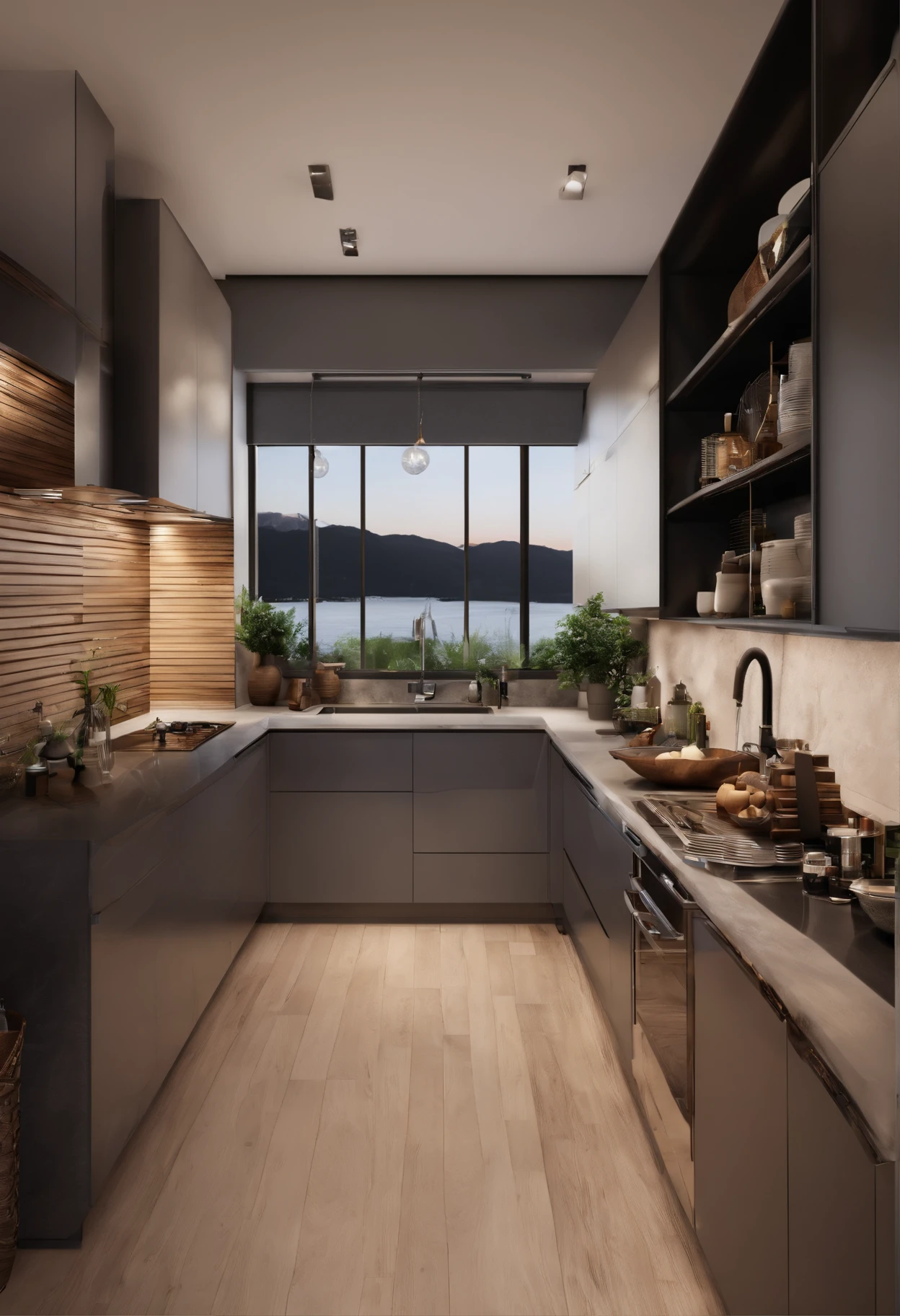 modern kitchen,Gorgeous renovation,refrigerator,cupboard,Wide scene,in a panoramic view,From the outside, hyper HD, High details