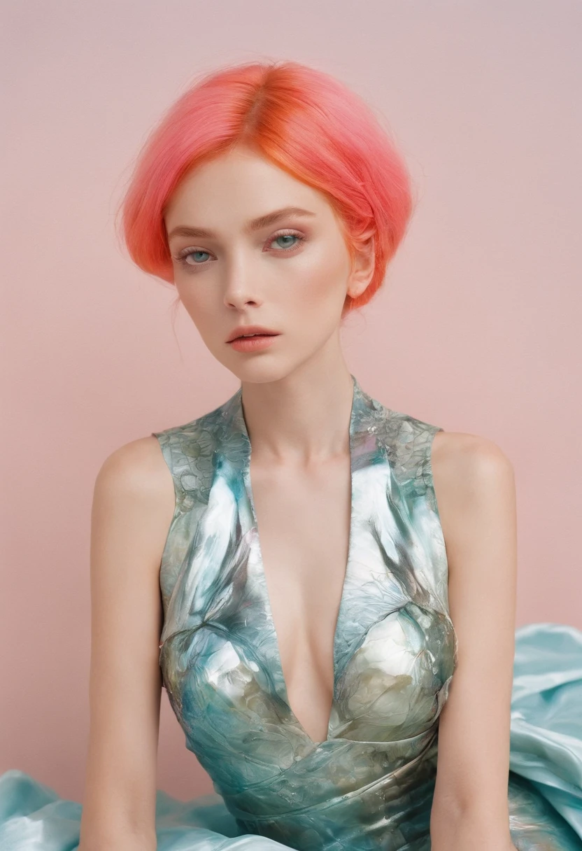 A clear and crisp photograph, with vivid colours, taken with kodak portra 400 35mm film,a photograph that captivates the viewer, a woman sitting on an abalone shell, posing, trippy quality to the photograph, an element of creepiness, surreal --ar 3:2