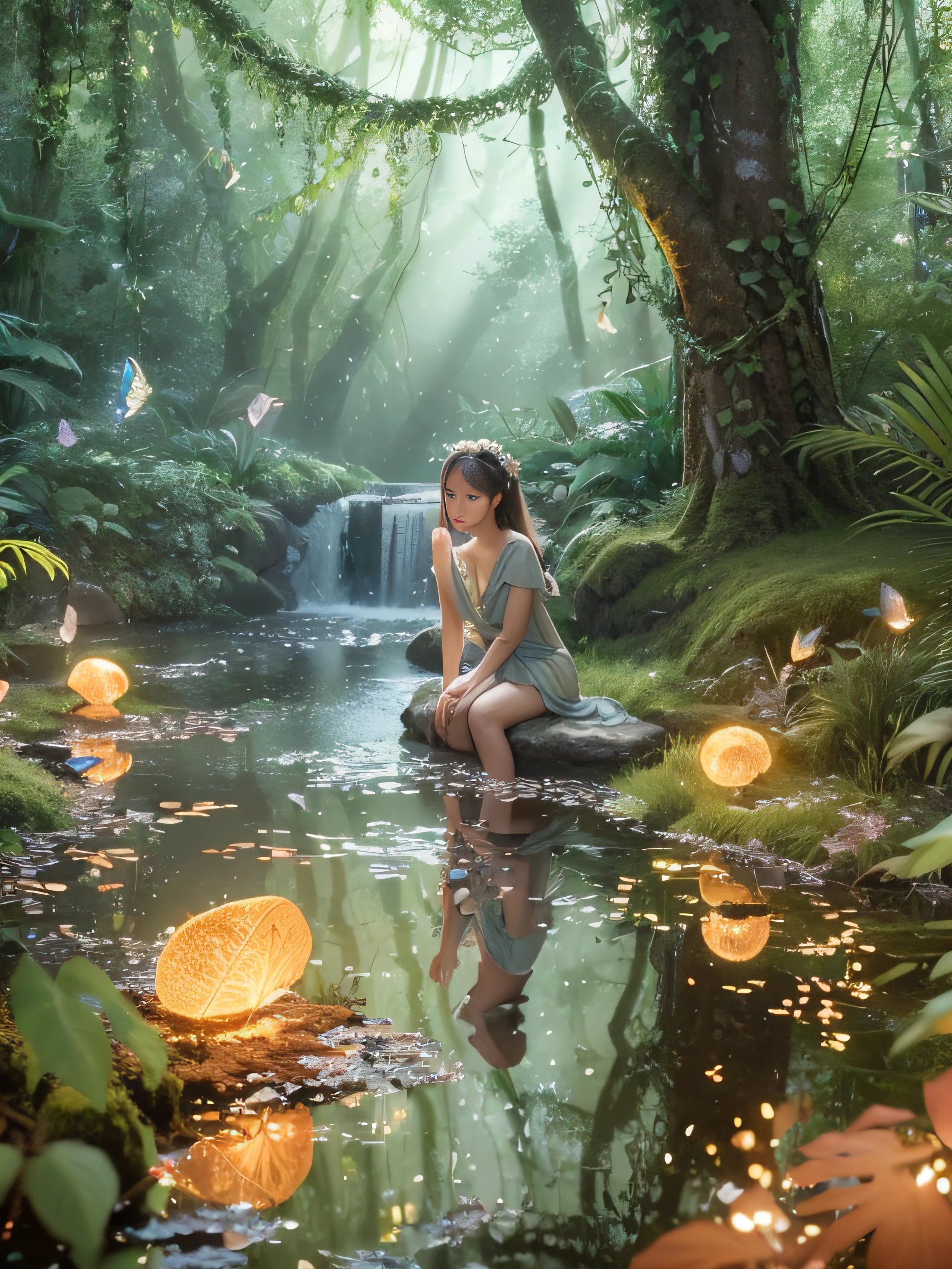 Masterpiece, best quality, extremely beautiful reflection, best reflection. (Very detailed CG unity 8k wallpaper), (best quality), (best illustration), (best shadow), girl, silk, slime, delicate makeup, forest theme with natural elements. Tall trees, quiet streams, glowing small mushrooms, surrounded by delicate leaves and branches, and fireflies and glowing particle effects, (natural elements), (jungle theme), (leaves), (branches), (fireflies), butterflies, (delicate leaves), (glow), (particle effects). , isometric 3D, Octane rendering, ray tracing, super detailed