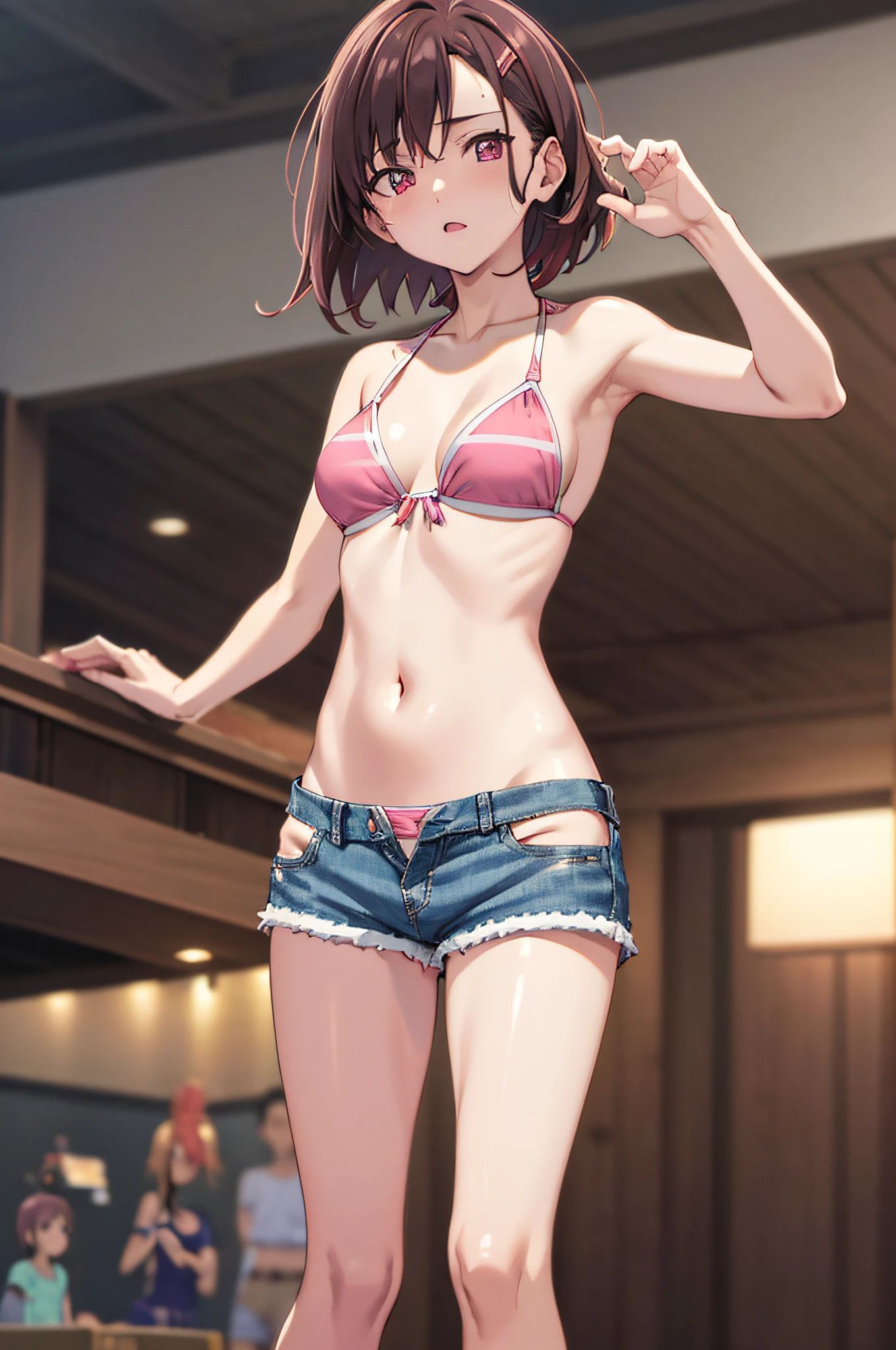 masutepiece, Best Quality, High resolution, 超A high resolution, depth of fields, Short hair, Brown hair, Pink eyes, Hairpin, (((Shorts Triangle Bikini))), (((Short denim pants))), Black bra, Raise both hands, Aside, Sea