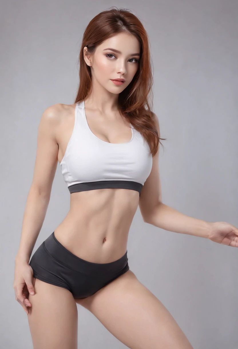 Girl,Delicate face,Body parts,8K,primitive,Beautiful,high-definition picture quality,realisticlying,Full body photo,head to toe,dynamicposes,Skin details HD,Large chest,with a well-proportioned body,eyes with brightness,Textured skin,photorealestic,Working out in a gym,Wear tight yoga clothing,Clothes with a shiny texture,Full buttocks,power show,The green tendons burst out,Iron strokes,There is sweat on the body,full of sweat,sense of strength,Do squats,White top,Purple pants,orange color hair,Full breasts,Muscles full of strength,Slender thighs,Full body portrait photo,Realistic graphics,Exquisite facial features,Full buttocks, (RAW photo, Highest quality, Full body photo,Masterpiece: 1.2), (Realistic, Photorealistic: 1.4), (Masterpiece: 1.4), (Highest quality: 1.4), (Super detailed), ((High contrast)), (High saturation), (Beautiful detail eyes), ((Very delicate and beautiful)), (Lovely hands, Perfect hands), ((five precise fingers, feminine beautiful fingers)), (The background is a mechanical network city without people), One girl,Attractive pose,Treadmill
