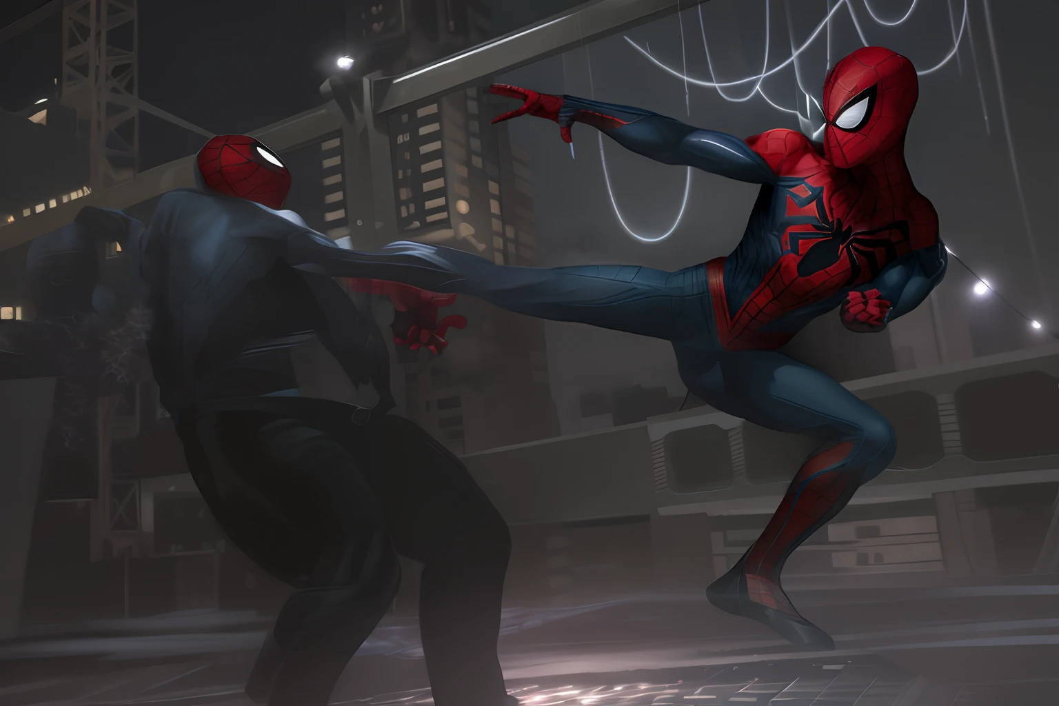 spiderman fighting, night sky with city lights in the background creating a dramatic atmosphere.