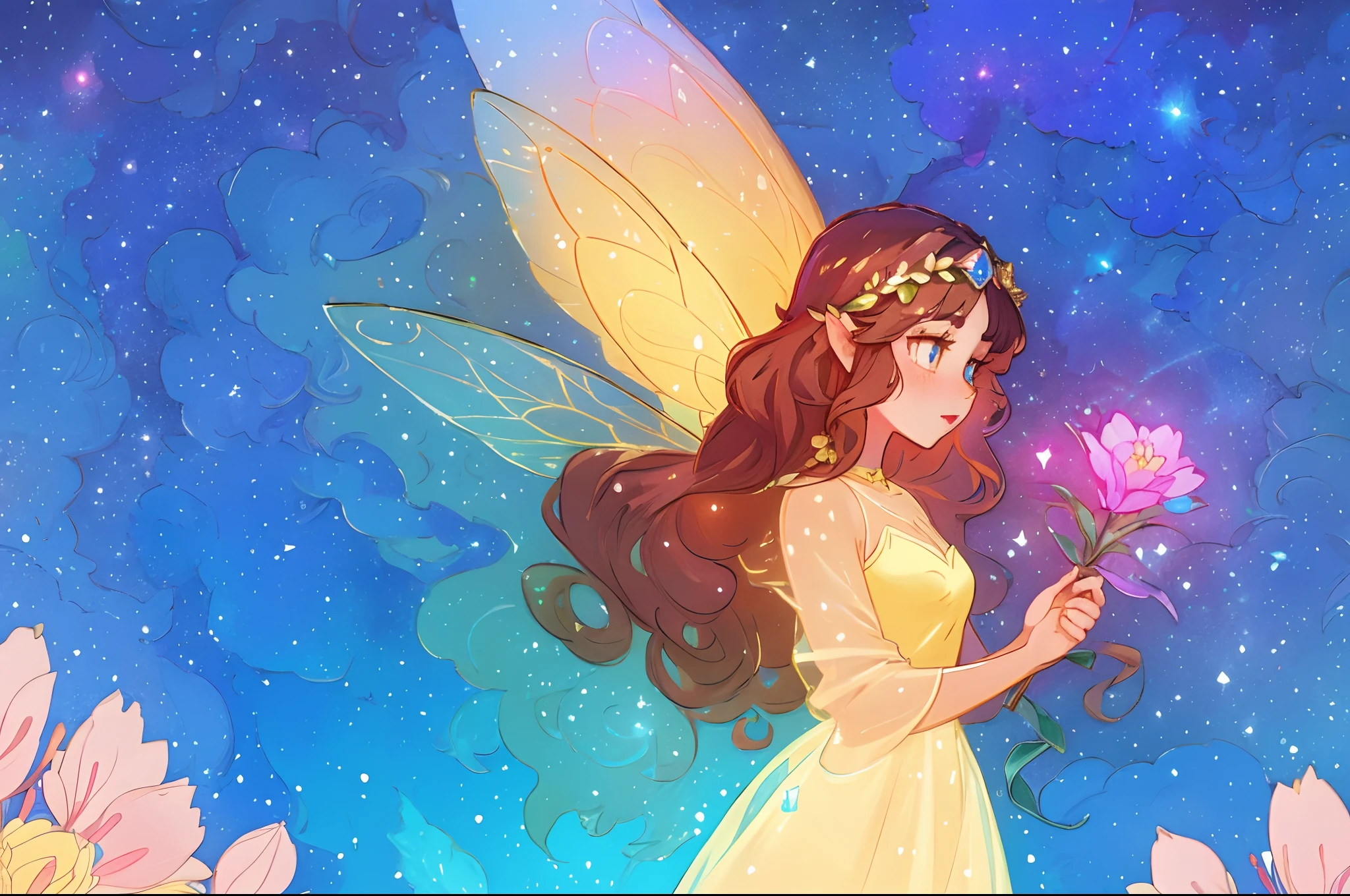 beautiful fairy girl holding glowing flowers, space flower fairy, beautiful fairy, beautiful digital illustration, anime disney art style, brunette fairy woman, fairy wings, (masterpiece, best quality), 8k resolution, sharp focus, highly detailed, intricate detail, fantasia background, flowing ballgown dress, curly brunette hair, flower crown, whimsical, beautiful, fairytale, golden ratio, beautiful face, sparkling eyes