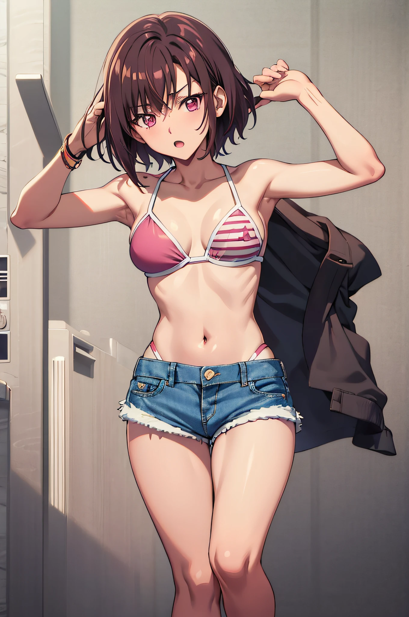 2D, masutepiece, of the highest quality, Animation, Very detailed, One girl, Solo, Short hair, Brown hair, Pink eyes, Hairpin, (((Shorts Triangle Bikini))), (((Short denim pants))), Black bra, Raise both hands, Aside, Sea