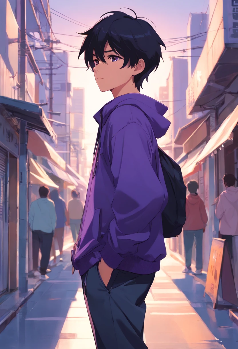 boy, 20 years old, black hairz street clothes, going out clothes, cool, cool style, white, purple, harsh