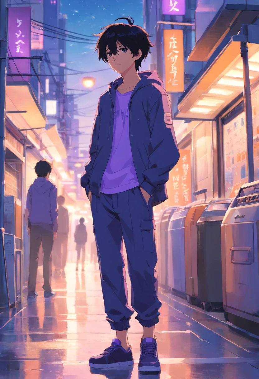 boy, 20 years old, black hairz street clothes, going out clothes, cool, cool style, white, purple, harsh