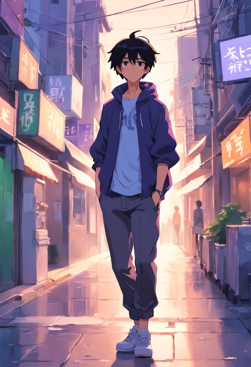 boy, 20 years old, black hairz street clothes, going out clothes, cool, cool style, white, purple, harsh