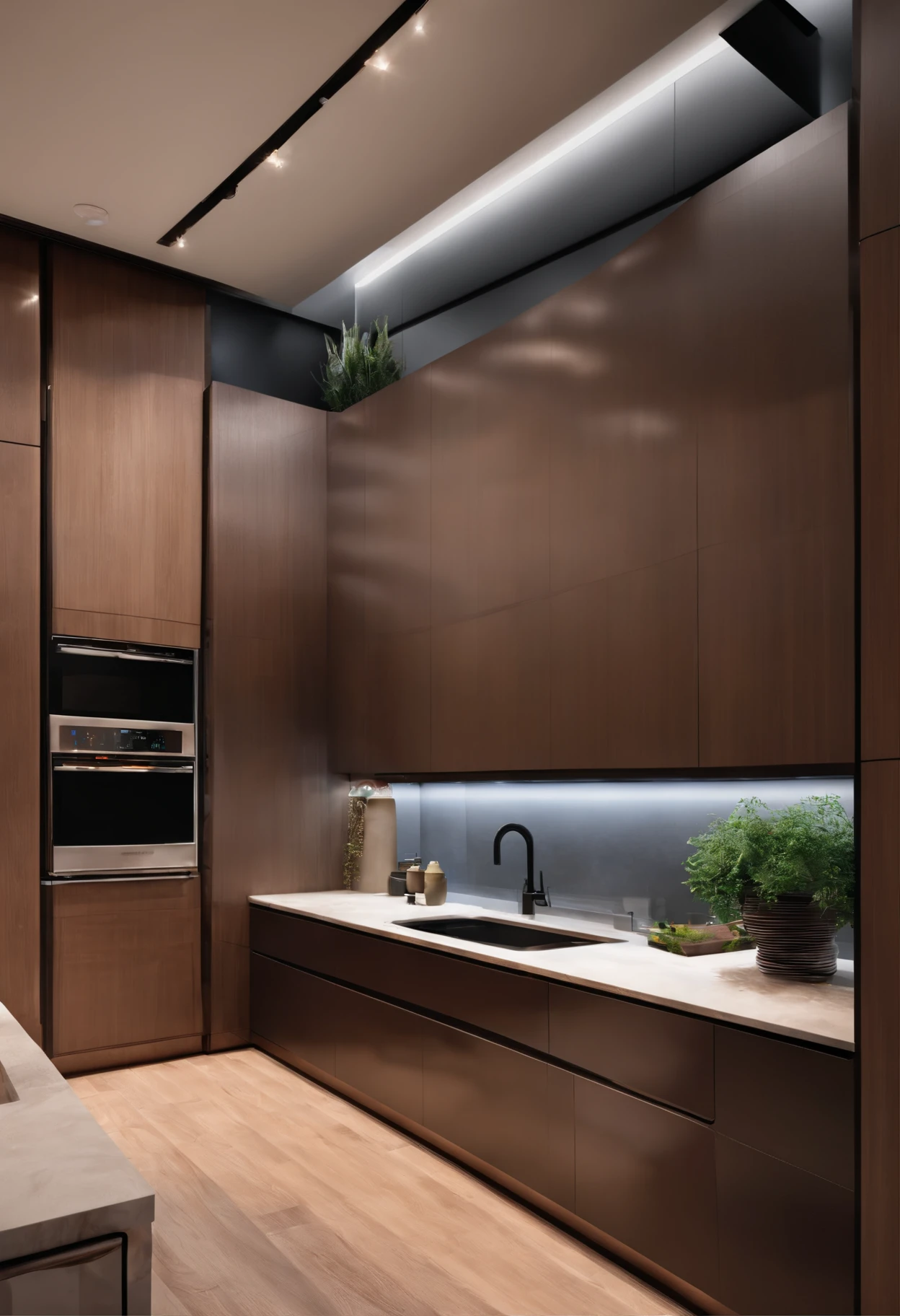 modern kitchen,Gorgeous renovation,refrigerator,cupboard,Wide scene,in a panoramic view,From the outside, hyper HD, High details