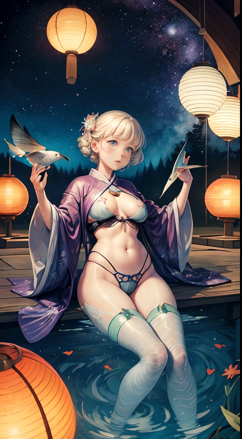 Elsa Beskow, Margaret Tarrant, Japanese Anime Surreal Mysterious Bizarre Sci-fi Fantasy Fantasy Stalls Festival Lanterns Beautiful Kimono girl Galactic Sky School of Goldfish Swimming in the Air Bird's Eye View, hyperdetailed high resolution high definition high quality masterpiece, kimono undone front open completely, huge tits large hip, tiny see through underwear