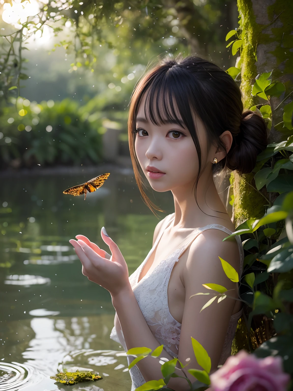 tmasterpiece,Best quality at best,Extremely beautiful reflection,The best reflections。(Very detailed CG unity 8k wallpaper),(Best quality at best),(The best illustrations),(The best shadow),girl,silkouette,MuCoi,Delicate makeup,Quiet Jiangnan water town,Supai architecture,Beautiful roses,quiet streams,Glowing small mushrooms,surrounded by exquisite leaves and branches,There are also fireflies and glowing particle effects,,(nature elements),(Jungle theme),(foliage),(tree branch),(glowworm),butterflys,(exquisite leaves),(with light glowing),(particle effect)。 , isometric 3D, Octane rendering, Ray traching, ultra-detailliert