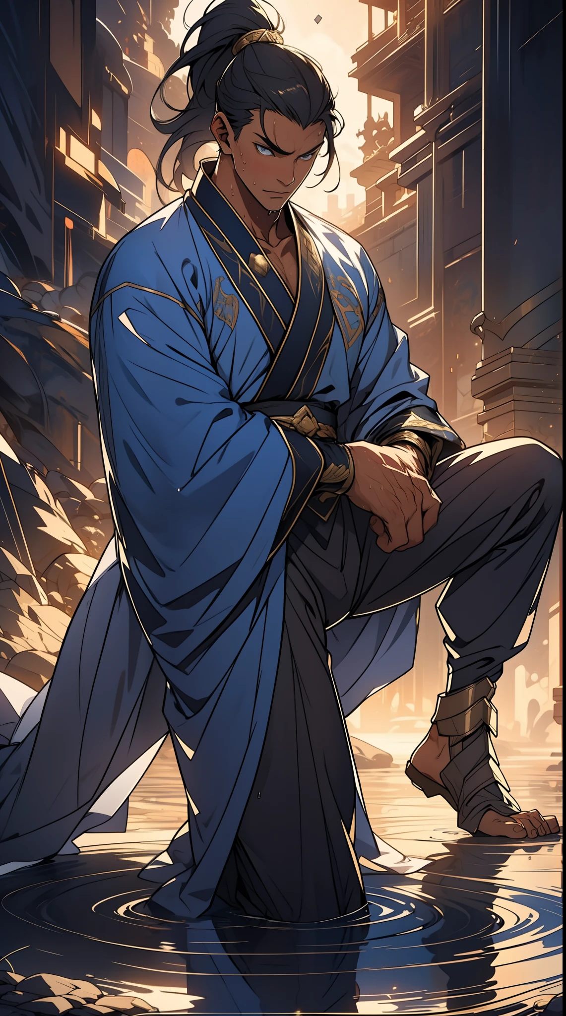 quadratic element,style of anime,mtu(Male Warrior),The proportions are correct,Face details,swordsmen,High ponytail hairstyle,Neck details,There is an Adam's apple,Blue suit,kaftan,long blue robes,clothes details,Handing over,longer sleeves,Game quality,Swordsmanship,Light and shadow tracking,Ray traching,detailed glow,cg render,hair detail,Black long hair,blue colored eyes,Handsome,Handsome,(juvenile sense),Clothing is complicated,Perfectcomposition,Refinement,high qulity,higher details,Lots of details,The background is complex,a sense of atmosphere, 1 man,is shy,Pee on the legs,pissing,Urine runs down the thighs,embarressed,exhilarated,is shocked,panicking,worry,A small puddle of their own urine forms around the feet,full bodyesbian,kneels on the ground,Very eager to pee,It's uncomfortable,Wet yourself,Urine discharge, Sweaty crotch,Drenched,