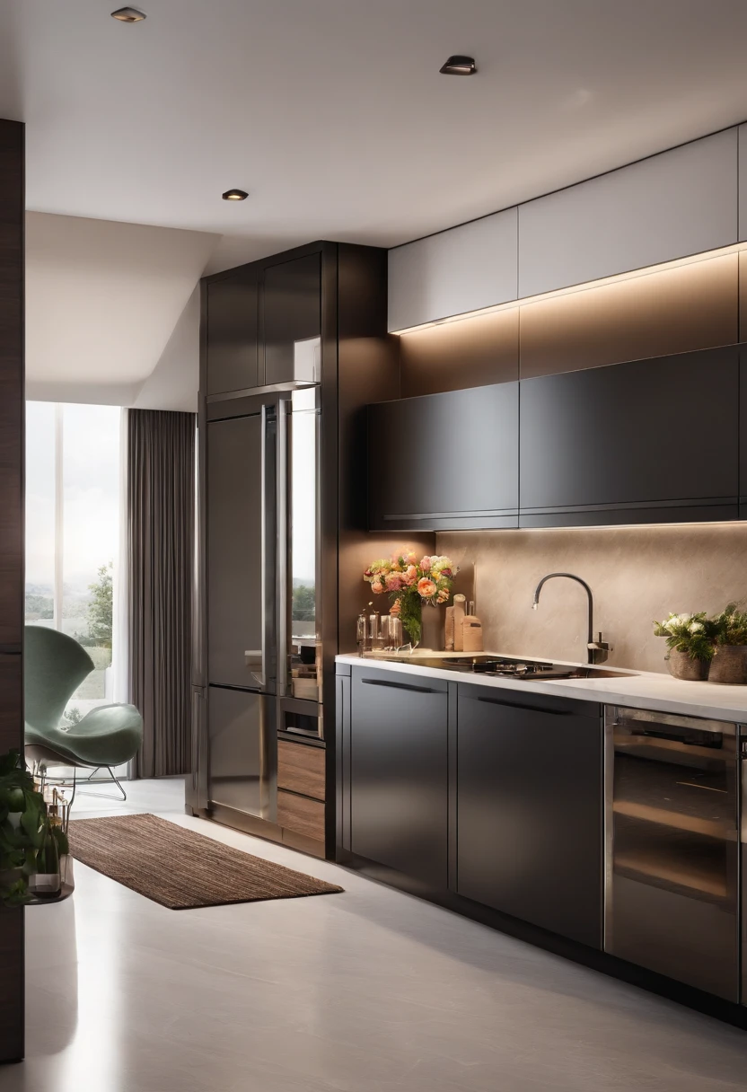 modern kitchen,Gorgeous renovation,refrigerator,cupboard,Wide scene,in a panoramic view,From the outside, hyper HD, High details