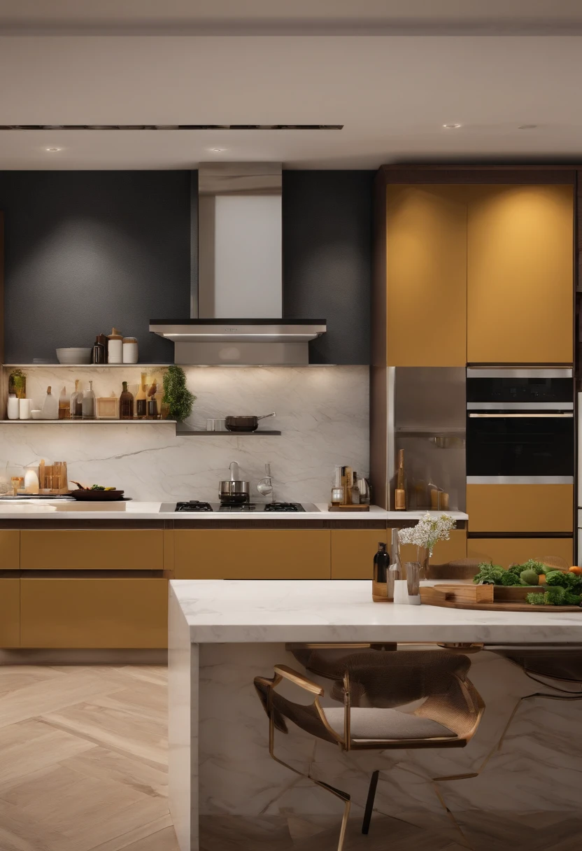modern kitchen,Gorgeous renovation,refrigerator,cupboard,Wide scene,in a panoramic view,From the outside, hyper HD, High details