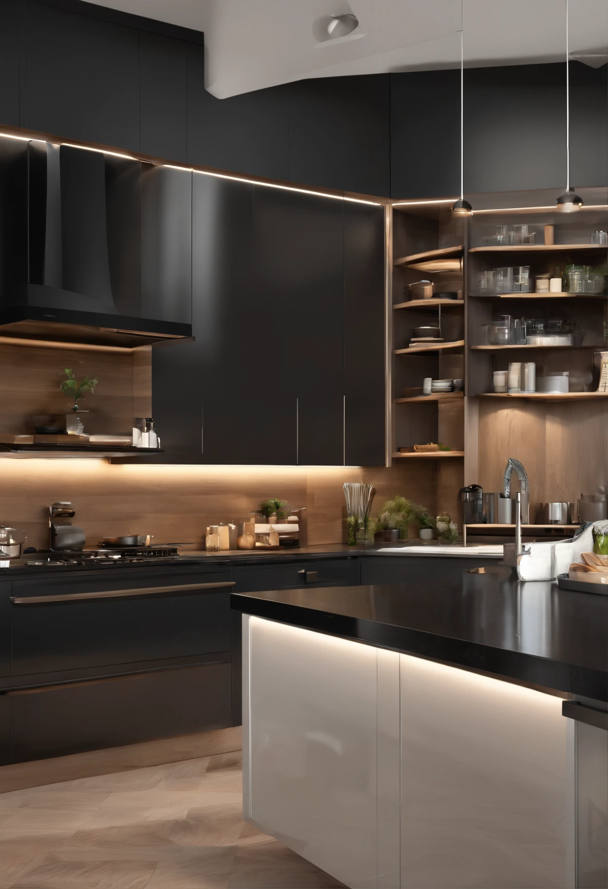 modern kitchen,Gorgeous renovation,refrigerator,cupboard,Wide scene,in a panoramic view,From the outside, hyper HD, High details