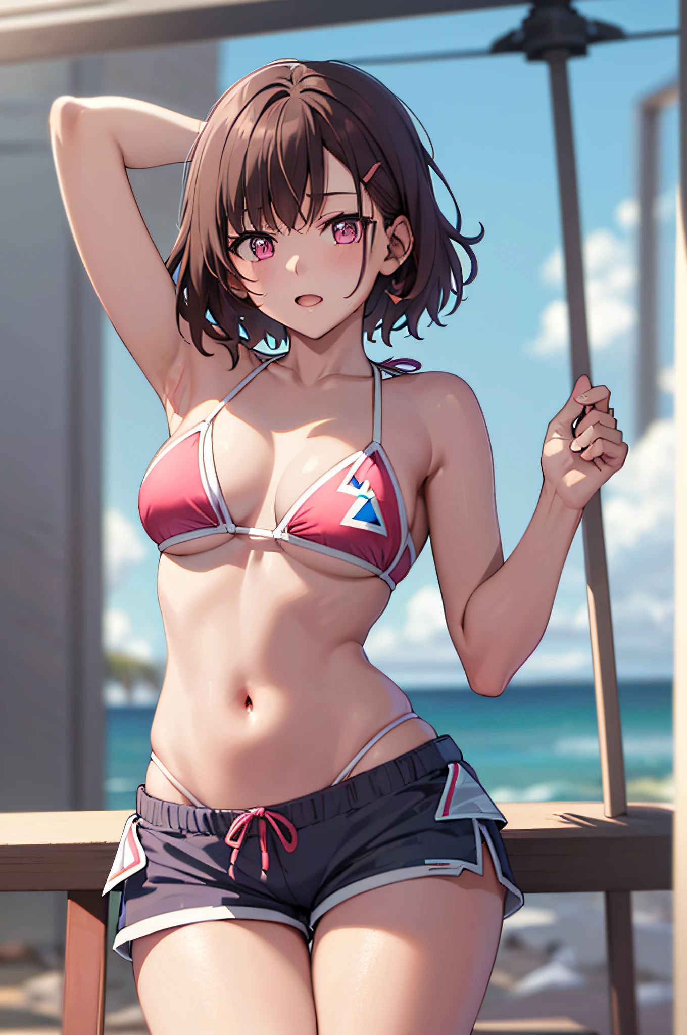 Masterpiece, best quality, high resolution, super high resolution, depth of field, short hair, brown hair, pink eyes, hairpin, (((Short pants triangle bikini))), sea, Black swimsuit, Raise both hands, aside