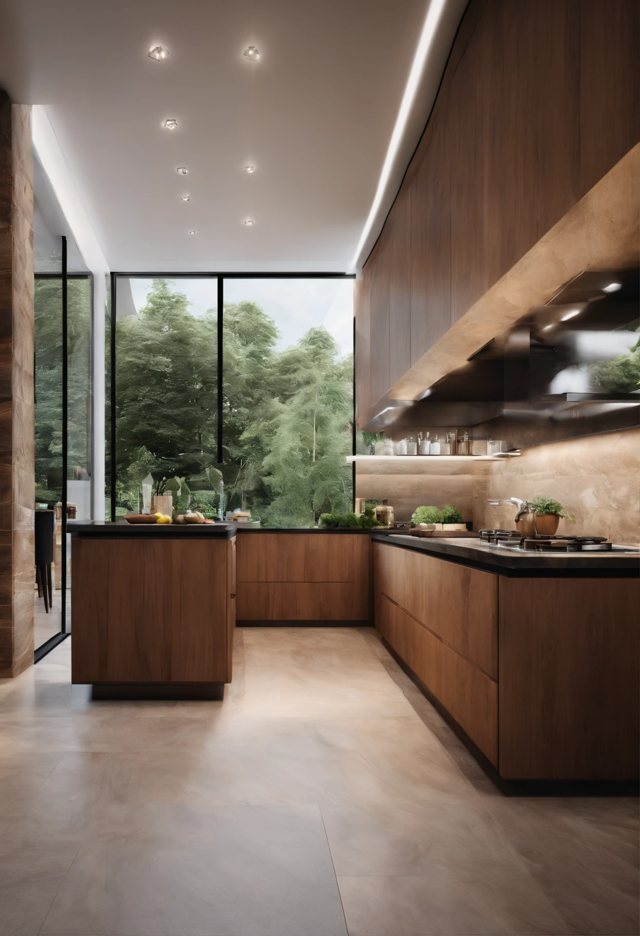 modern kitchen，Gorgeous renovation，refrigerator，cupboard，Wide scene，in a panoramic view，From the outside, hyper HD, High details
