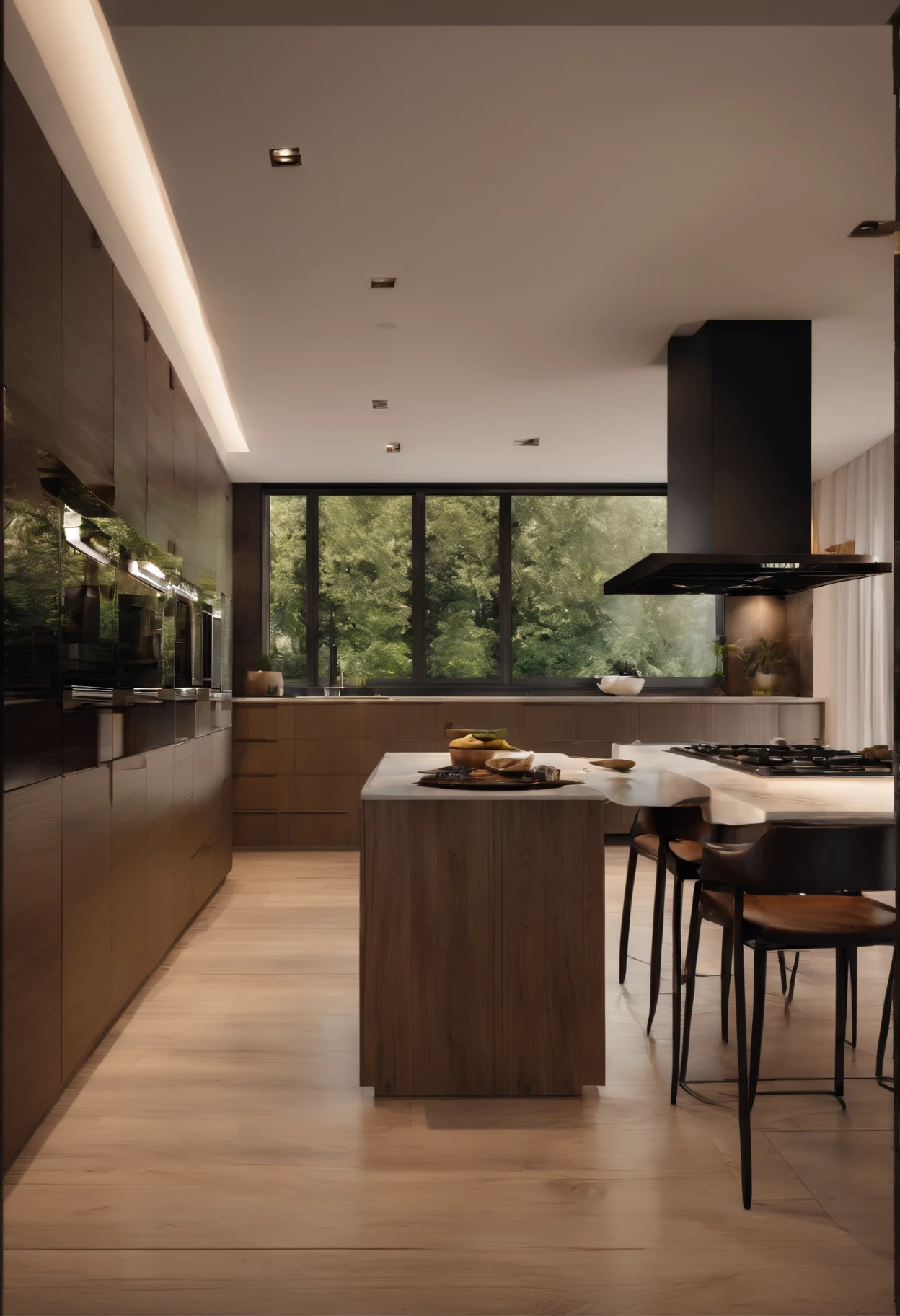 modern kitchen,Gorgeous renovation,refrigerator,cupboard,Wide scene,in a panoramic view,From the outside, hyper HD, High details
