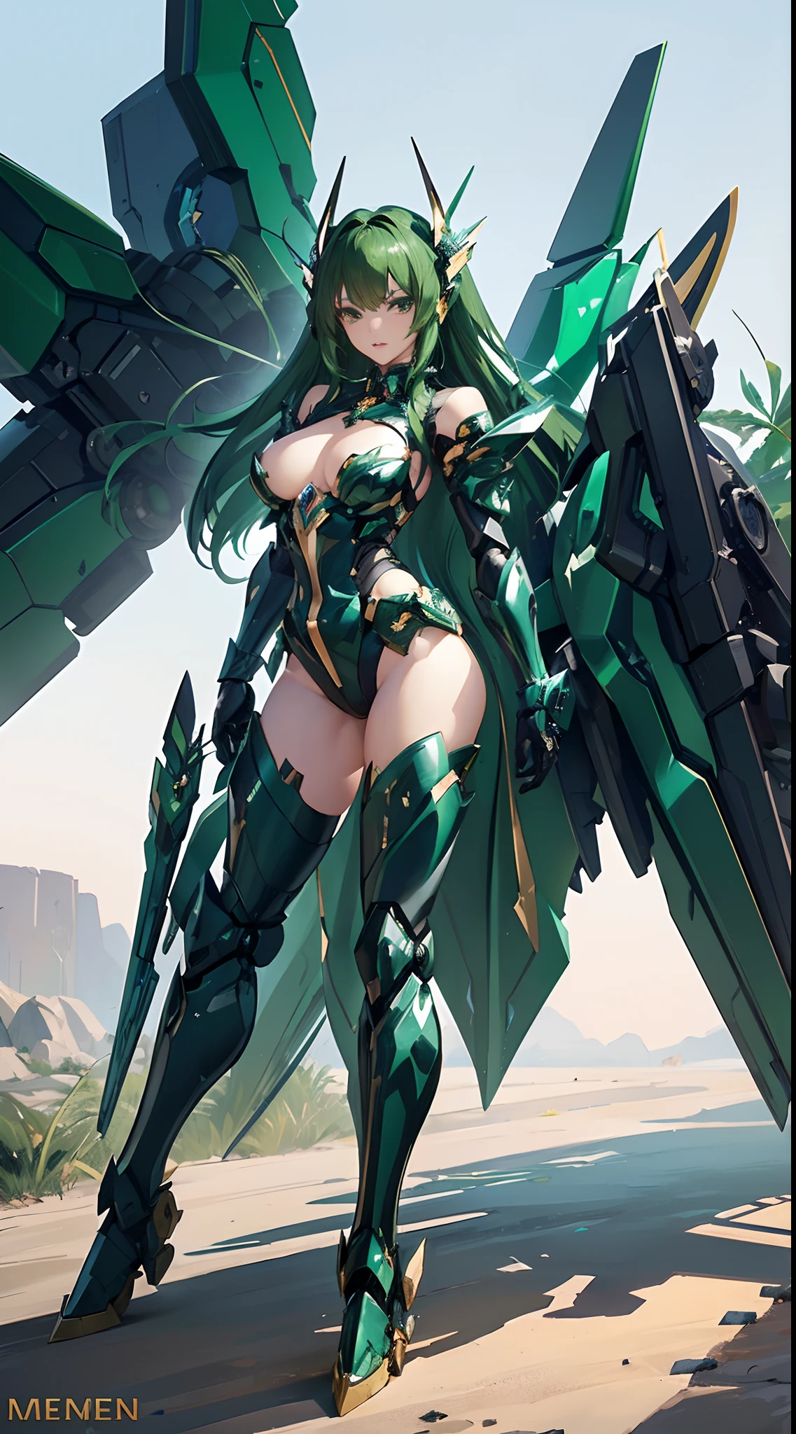 ((8K)), ((top-quality)), ((​masterpiece)), ((超A high resolution)), ((T-Mastepiece)), detailed skin textures, Detailed Cloth Texture, Detailed metal texture, ((beautifull detailed face)), Raw photo, proffesional, Ultra-fine painting, ((独奏)), ((Woman dressed as Kshatriya)), beutiful breast, concept-art, Anime Science Fantasy Artwork, Detailed Science Fantasy Art, (Has emerald green hair and large emerald green color symmetrical mech wings), (mechs:1.6)Sleek and menacing design, ((Marshal's exclusive armament)), Black and gold armor with emerald green color, 8k high quality detailed art, 3D rendering of character art in 8K, defined legs, Defined arm, defined fingers, NSFW