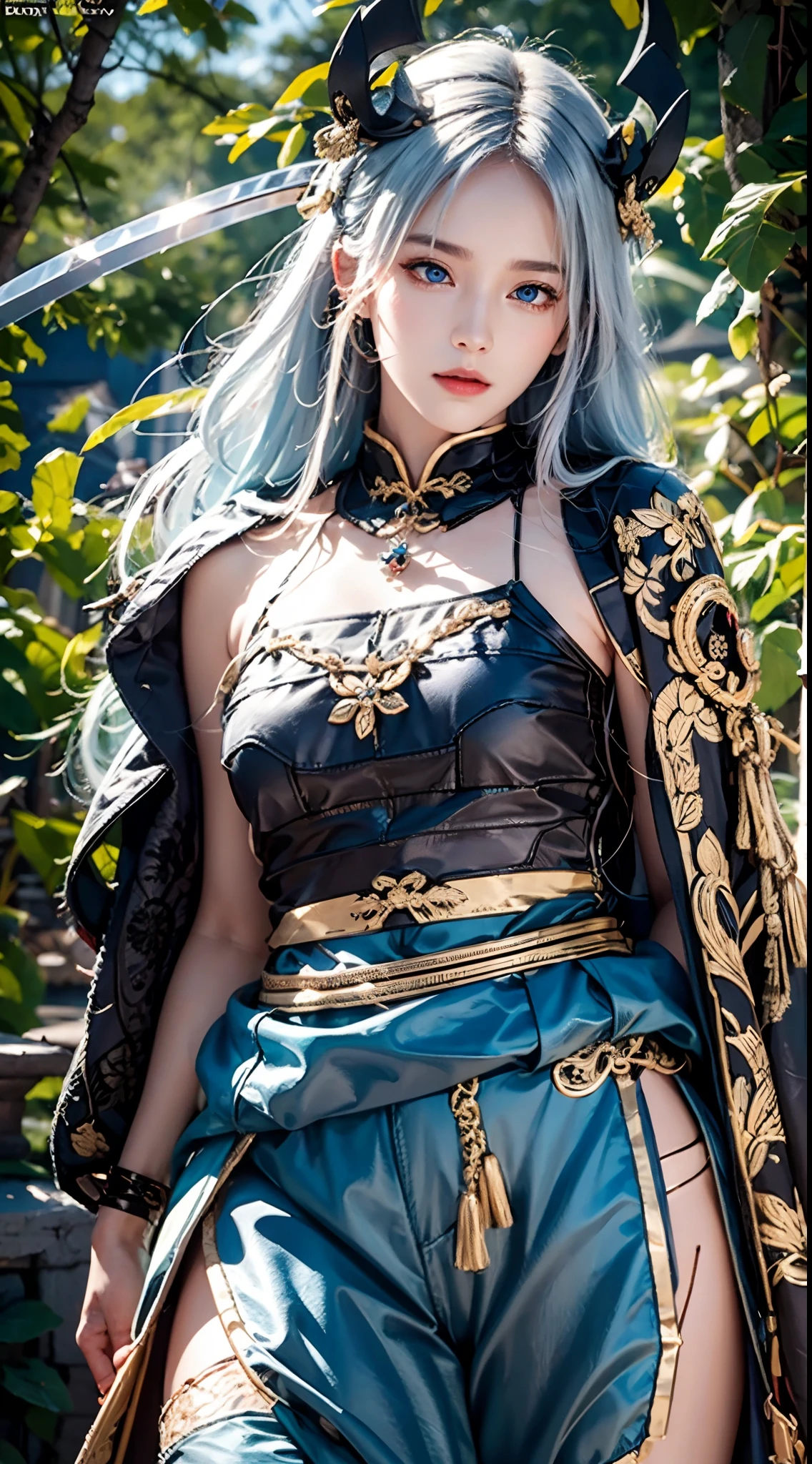 photorealistic, masterpiece, photorealistic, high resolution, soft light, hips up, blue eyes, white hair, long hair, Intricate details EABA, cloaks, spear, Samurai, Armor, Japanese Katana Sword, warrior, samurai helmet