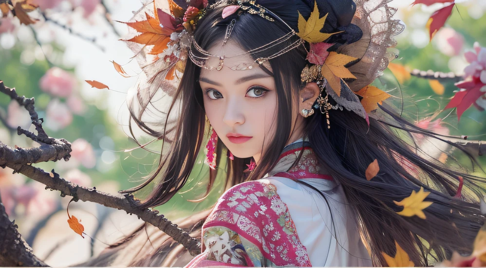 32K autumn view(tmasterpiece,k hd,hyper HD,32K)Long flowing black hair,ponds,zydink, a color, Autumn (Sensual girl), (Blue and white silk scarf), Combat posture, looking at the ground, long whitr hair, Floating hair, Carp pattern headdress, Chinese long-sleeved cheongsam, (Abstract gouache splash:1.2), Pink petal background,Pink and white autumn sunset leaves fly(realisticlying:1.4),Black color hair,Fallen leaves flutter,The background is pure, A high resolution, the detail, RAW photogr, Sharp Re, Nikon D850 Film Stock Photo by Jefferies Lee 4 Kodak Portra 400 Camera F1.6 shots, Rich colors, ultra-realistic vivid textures, Dramatic lighting, Unreal Engine Art Station Trend, cinestir 800,Long flowing black hair,Bright clothes