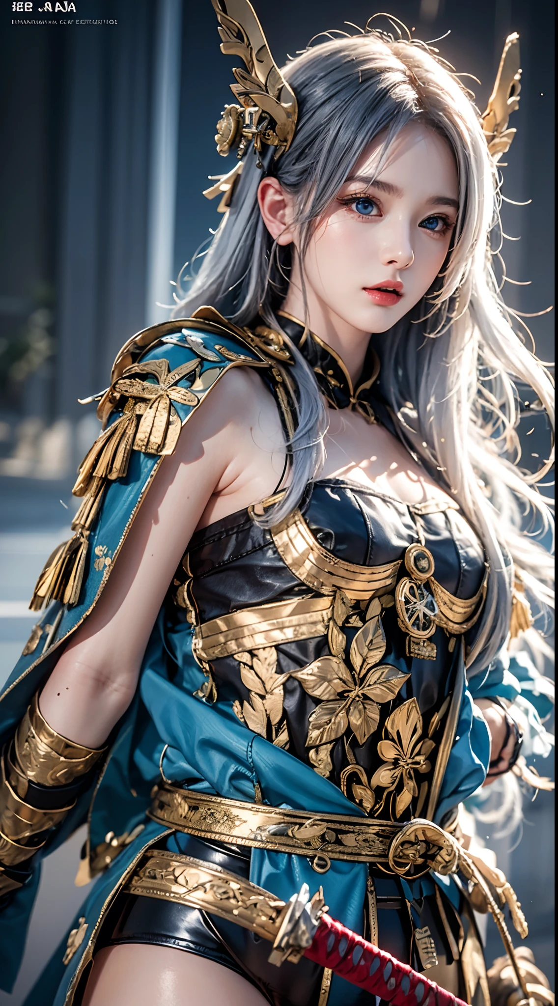photorealistic, masterpiece, photorealistic, high resolution, soft light, hips up, blue eyes, white hair, long hair, Intricate details EABA, cloaks, spear, Samurai, Armor, Japanese Katana Sword, warrior, samurai helmet