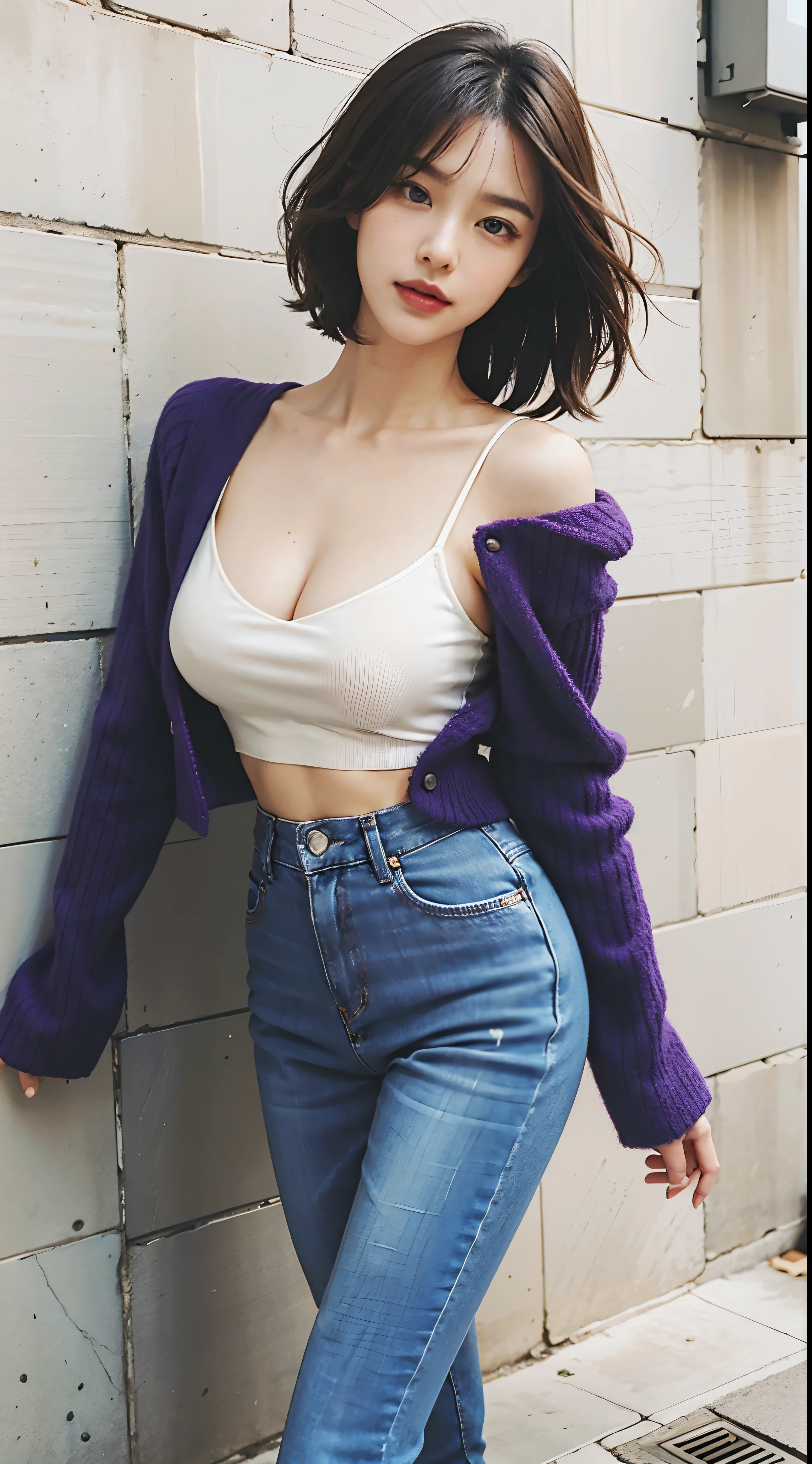 Beautiful asian woman in sweater and jeans leaning against wall, Violet、Royal purple、Light purple、Vine color、puff sleeves, cropped wide sleeve, denim, dressed casually, voluminous sleeves, advertisement picture, jeans, material、plum、casual clothing style, Simple clothes, Shoulder, fully body photo, Casual clothing, outfit photograph, fit dainty figure, purple outfit, beautiful image, instagram post、Charming and beautiful smile、Gorgeous young Korean woman、Extremely beautiful face、gorgeous faces、face perfect、low angles、white backgrounid、White background、hight resolution、Minimal refinement、Beautiful young Korean woman、beautiful aesthetic face、white backgrounid、8K、photographed、(realisitic、Photorealsitic: 1.37)、The best and most perfect beauty in the world、very large breast、profetional lighting、a handsome 、long brown hair with a beautiful sheen,、hight resolution、1080p、studio shoot、Sexy hip line、Bright lighting、(Crisp face)、(Detailed face description)、Rich details、Skin clarity and hydration、Skin texture and detail、Textured、 Hair texture and contrast、beautiful and delicate face、beautiful and delicate eyes、Crisp double beautiful eyes、Skin detail and texture、Hair details and texture、Skin contrast and detail、Lip texture and contrast、Texture and contrast of clothes、Eye texture and clarity、beautidful eyes 、Cutting-edge fashion、Fashionable、High-level images、large breast bulge、Sexy toned body line、A little bit of large cleavage is visible、