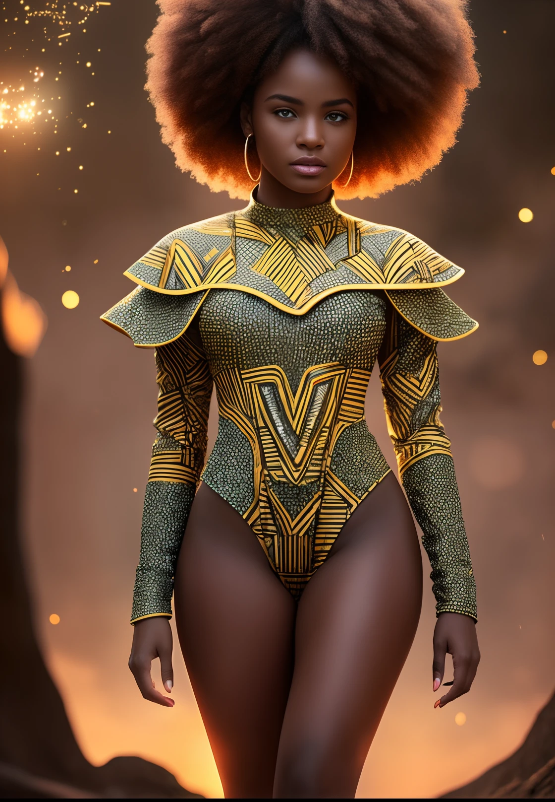 A black woman wearing african designed clothes standing in a dark area, with shining particles falling from up, tiny particles shining beautifully, with iridescent light, photorealistic image, 32k, ultra HD, cinematic lighting, artgerm style, highly detailed images, vibrant and beautiful colours, highly detailed facial features, highly detailed hands, highly detailed fingers, highly detailed legs, --auto --s2