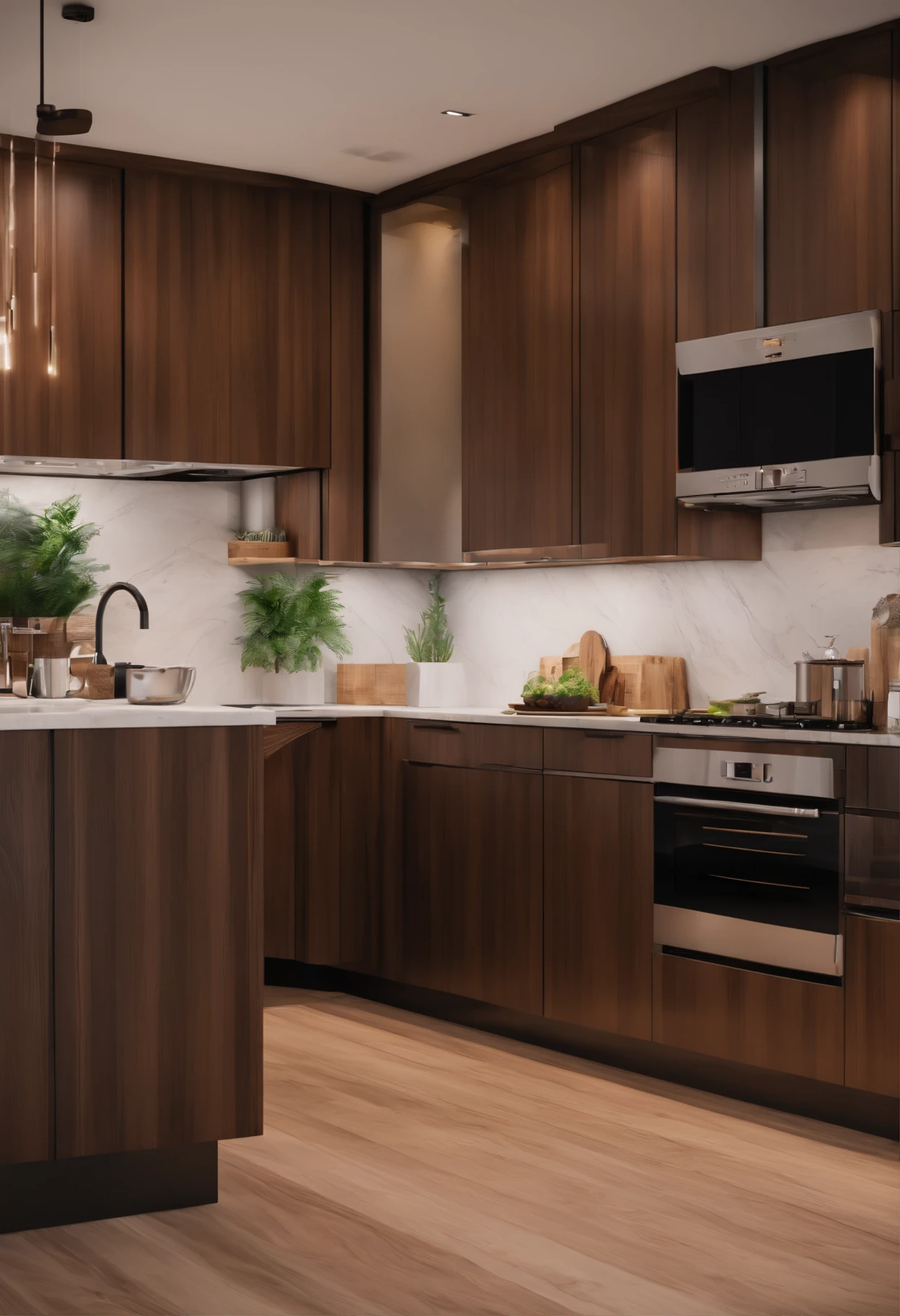 modern kitchen,Gorgeous renovation,refrigerator,cupboard,Wide scene,in a panoramic view,From the outside, hyper HD, High details