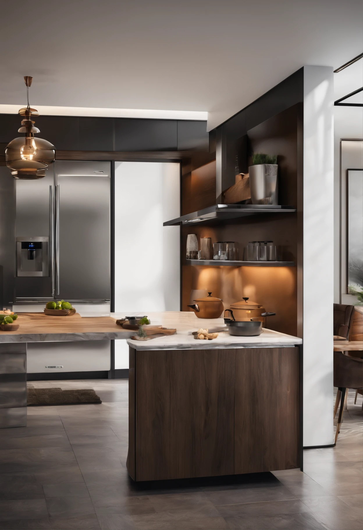 modern kitchen,Gorgeous renovation,refrigerator,cupboard,Wide scene,in a panoramic view,From the outside, hyper HD, High details