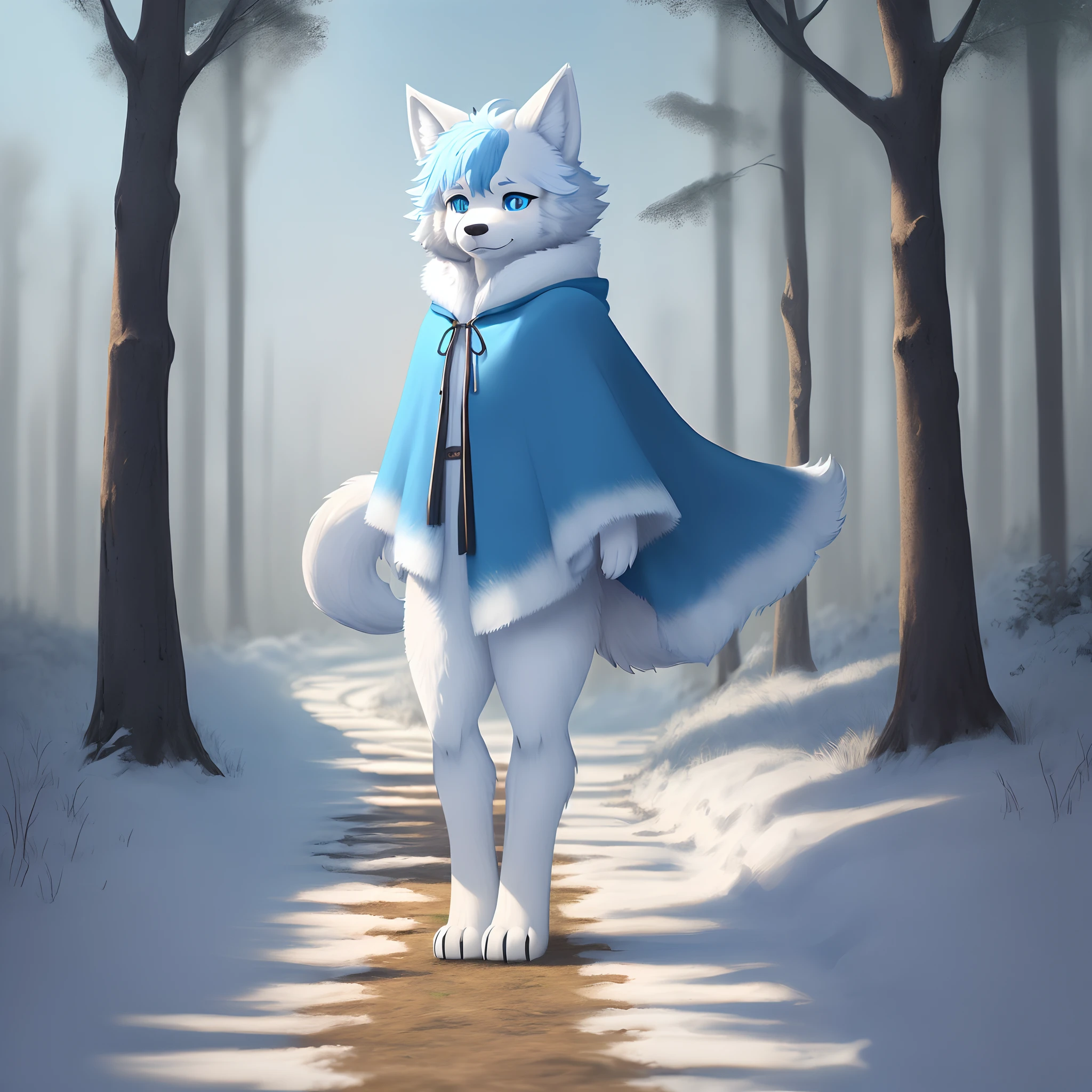 An anthropomorphic fluffy little wolf, Pale blue hair,Large pale blue ears,Big blue eyes,adolable, Light:Extreme light and shadow,(anthr(A half body,Full Body Furry, Fluffy tail, White fur,Reddish skin ,Sky blue eyes, Pale blue hair:1.2), (long canines、Thick cloak:1.2),(In the daytime、lawns)) ,((Deep in the winter forest,Stone path,独奏,solo person)),Outdoor sunset,((the detail)),(depth of fields),Standing half