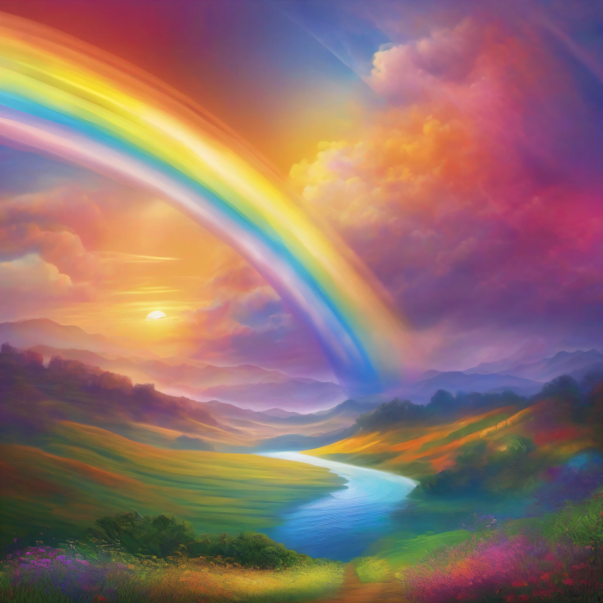 Radiant Resonance: A Meditative Rainbow Journey. A serene and vibrant landscape where light and consciousness intersect. As you gaze upon a majestic rainbow, allow its colors to resonate with your inner world, illuminating the depths of your being.