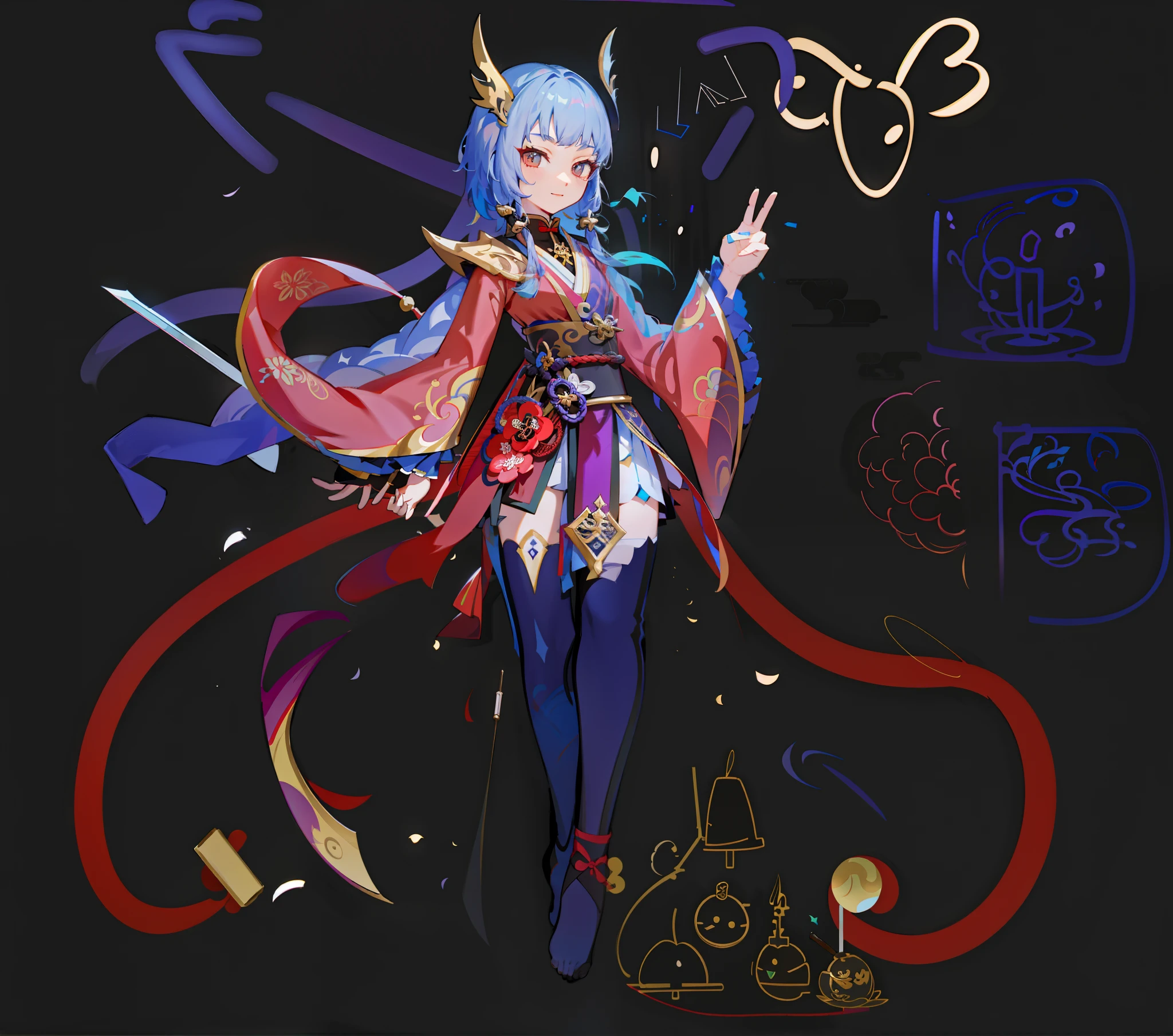 Anime characters with a sword and a cat on black background, Onmyoji detailed art, onmyoji, full-body xianxia, Keqing from Genshin Impact, zhongli from genshin impact, [ Character design ], Ayaka Genshin impact, [ conceptual art ]!!, touhou character, G Liulian art style，Girl，Exquisite facial features，Light and shadow details，adolable
