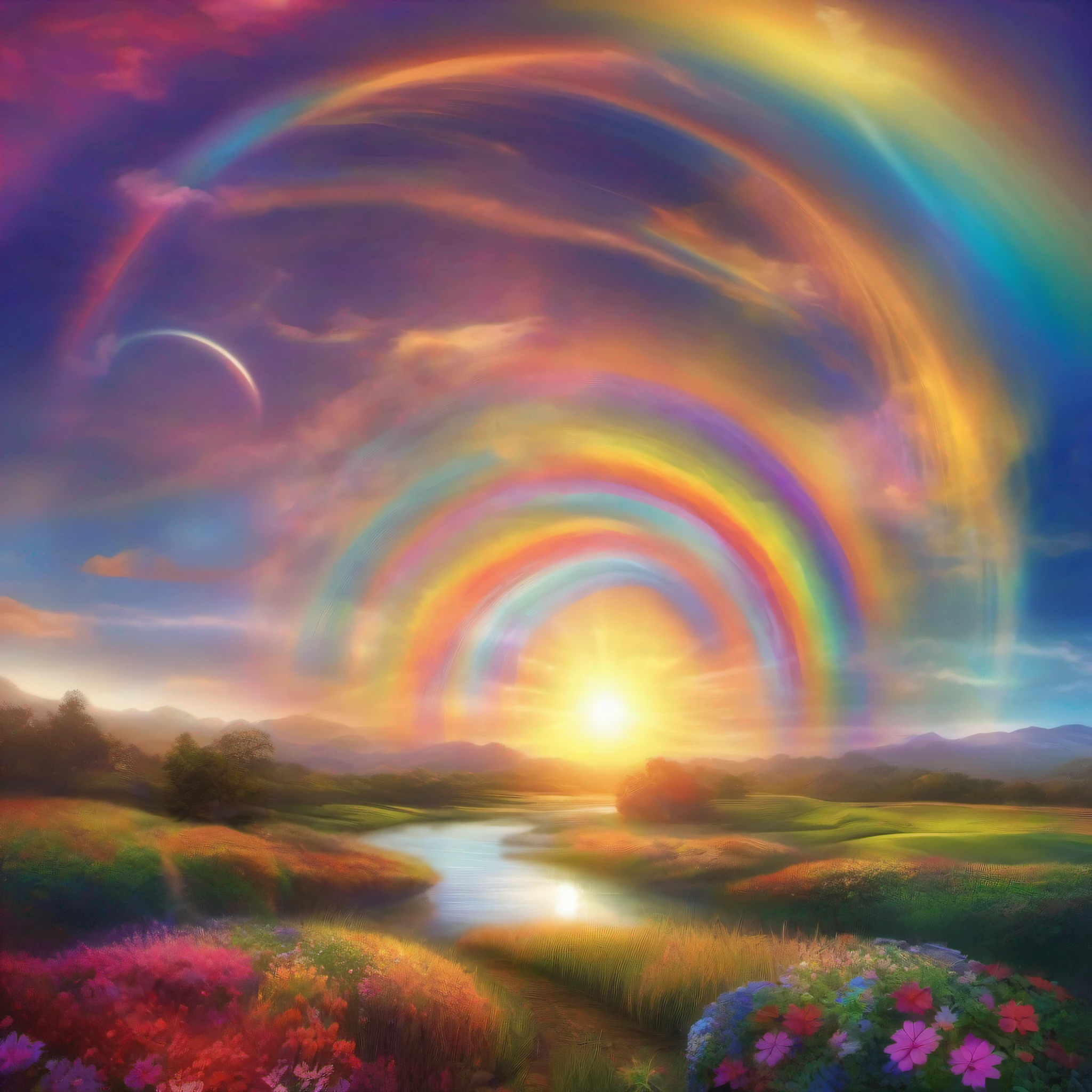 Radiant Resonance: A Meditative Rainbow Journey. A serene and vibrant landscape where light and consciousness intersect. As you gaze upon a majestic rainbow, allow its colors to resonate with your inner world, illuminating the depths of your being.