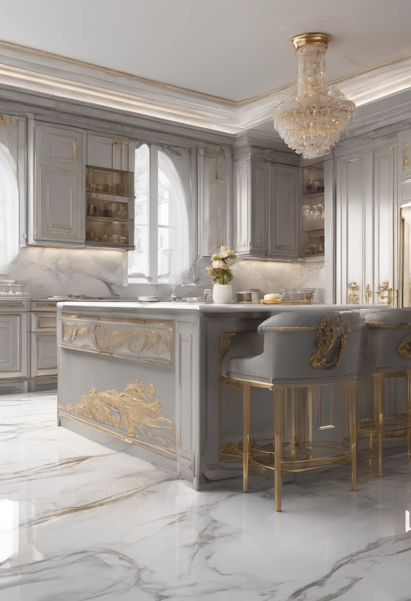 Masterpiece, Modern kitchen space, Luxurious, Noble interior design, Royal Space, ((Super detail :1.3))), Neoclassical style design, Neoclassical interior Modern fusion, Kitchen interior space with table and chairs, Kitchen details, Luxurious aristocratic neoclassical kitchen interior, Luxury marble kitchen floor, Kitchen interior, In the kitchen on a summer morning, Island, illustrated starbucks interior, White, Gray glossy floor ((1.2)), People sitting in cafes and service staff (((1.3)))